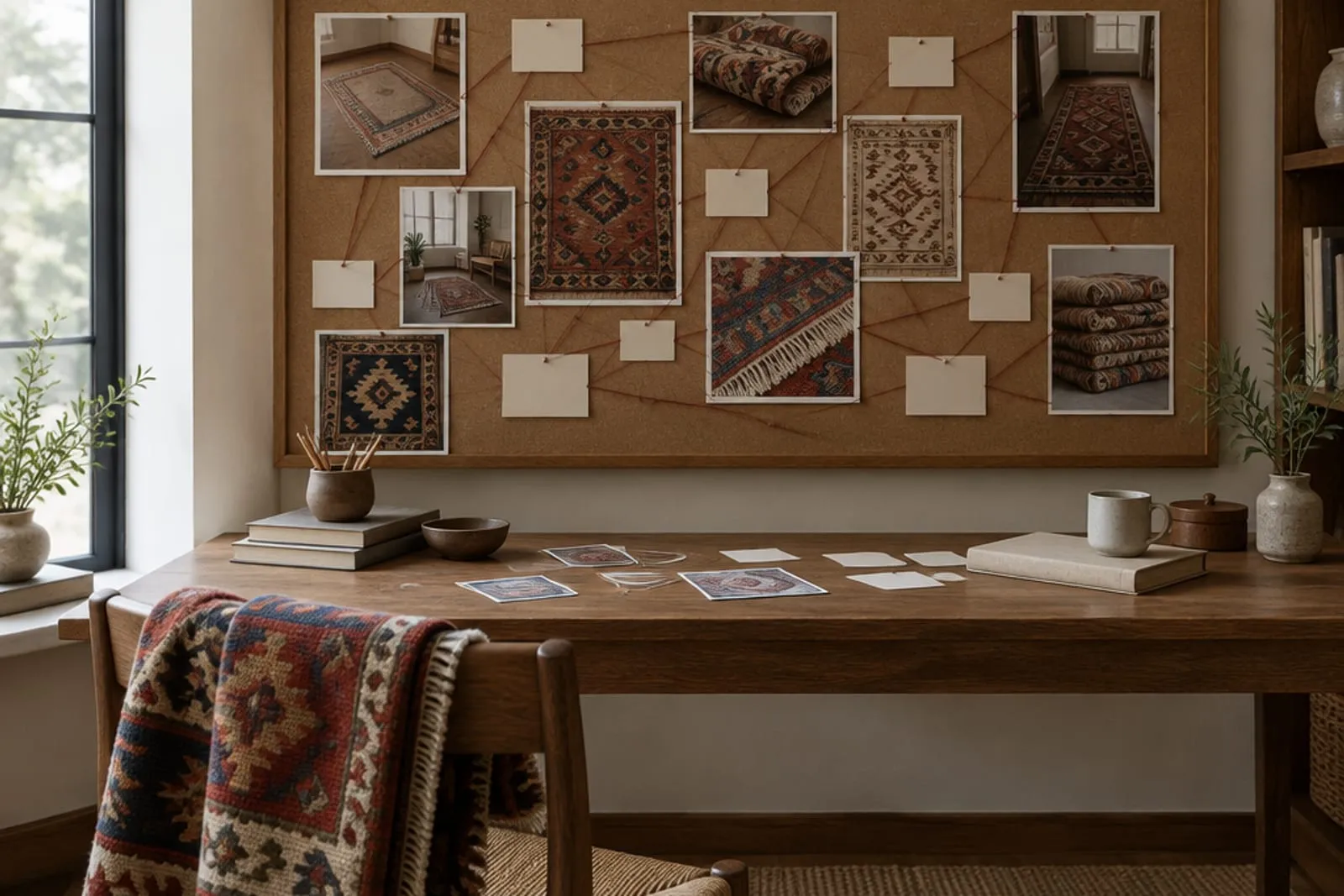 A research pinboard of rug photographs and index cards above a desk, a folded kilim on the chair