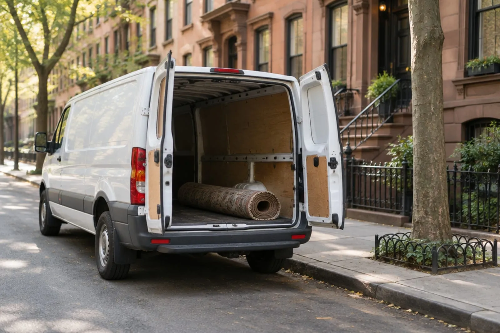 An unmarked service van at the curb on a Brooklyn block, a rolled rug loaded in the back