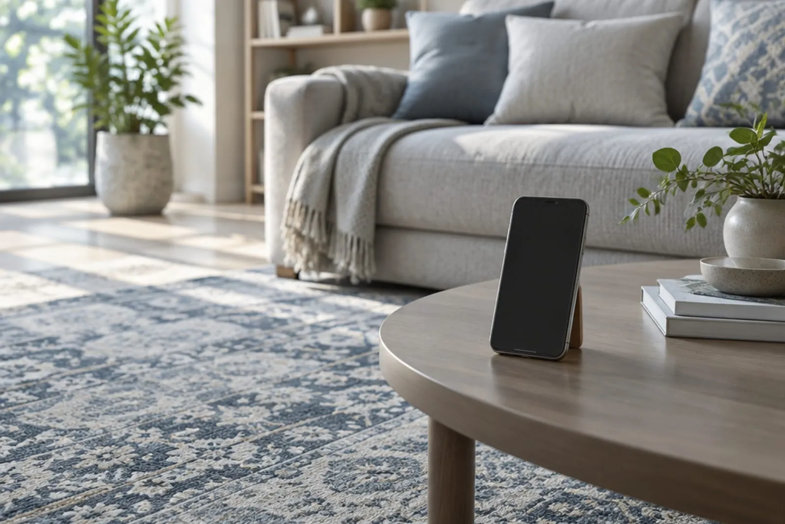 A phone propped on a coffee table in a living room with a large patterned rug