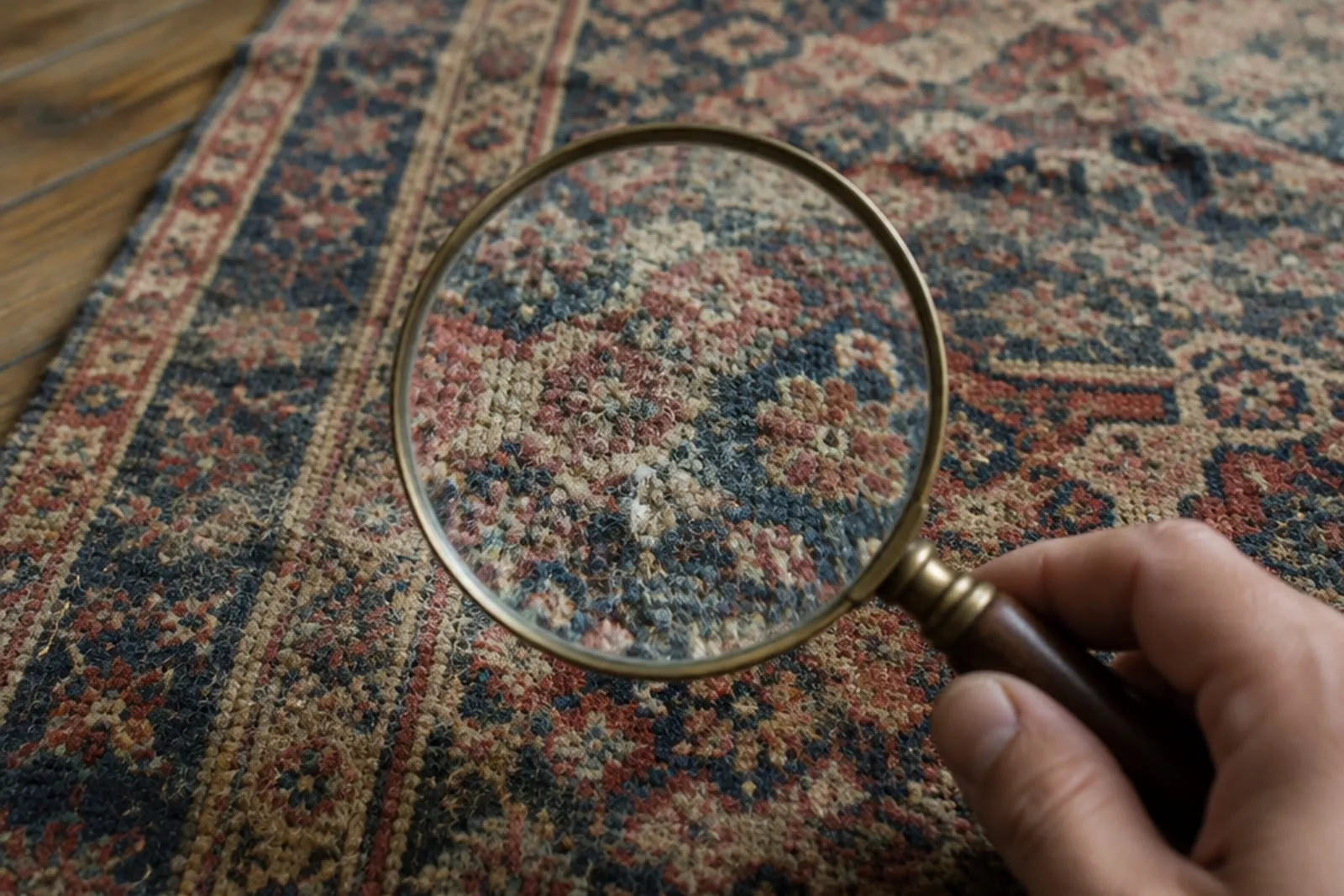 Antique rug inspected with a magnifying glass