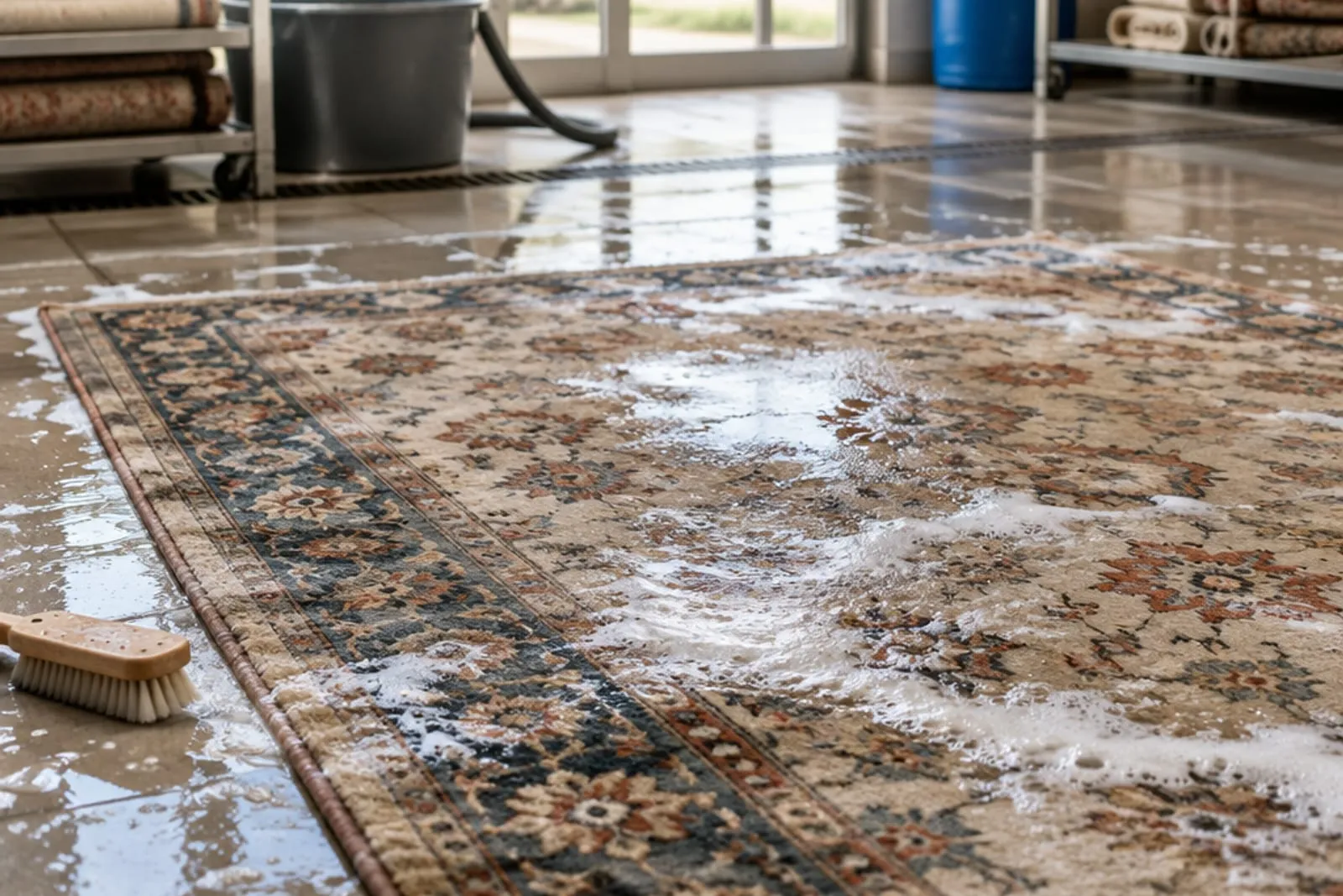 Patterned area rug being washed on a cleaning plant wash floor