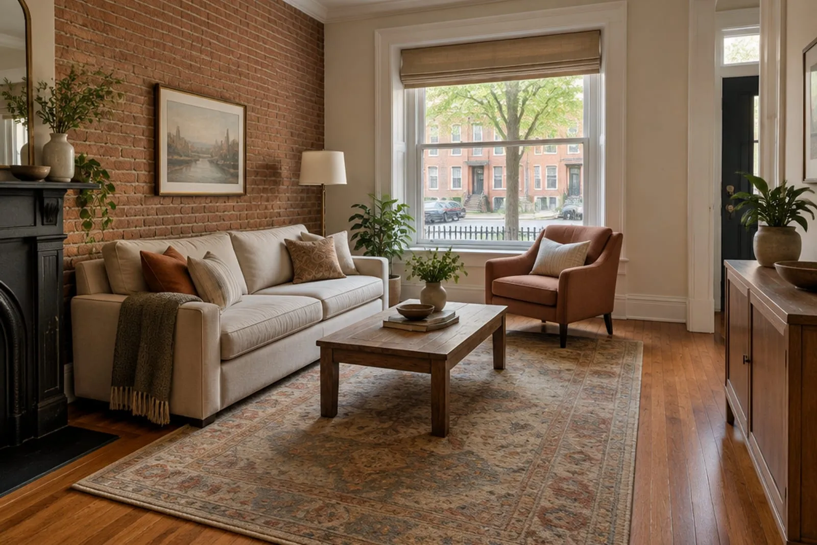 Area rug in a brick rowhouse living room, the kind of home found in Astoria, Queens