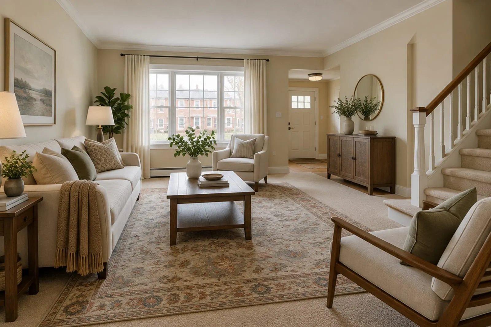 Area rug in an attached house with wall-to-wall carpet, the kind of home found in Bay Ridge, Brooklyn