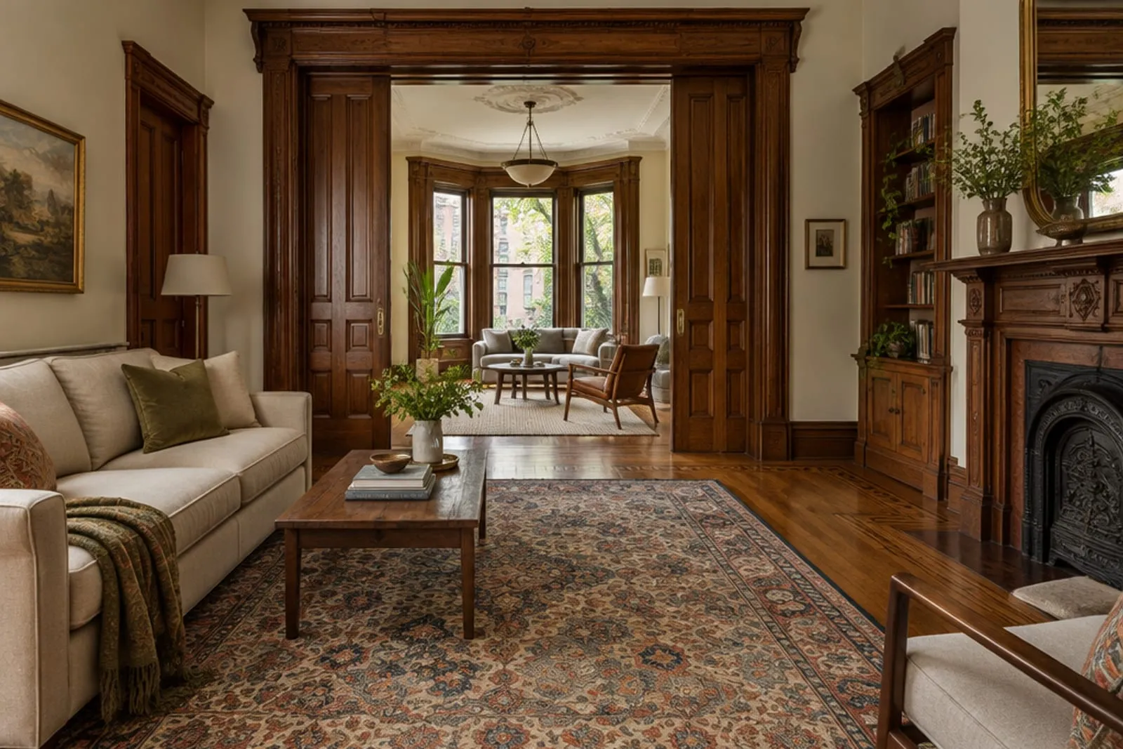 Area rug on the parlor floor of a brownstone with ornate woodwork, the kind of home found in Bed-Stuy, Brooklyn