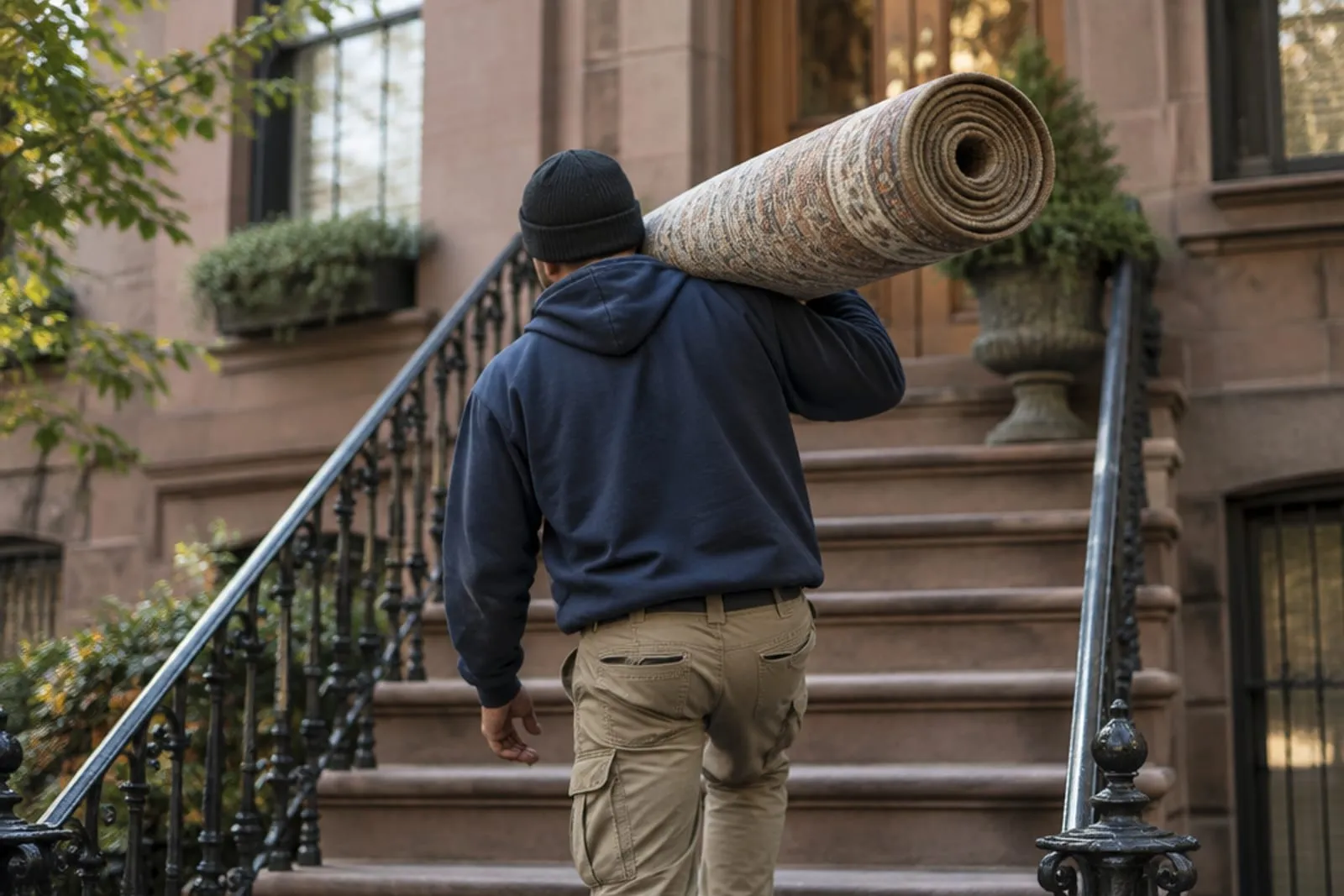 A worker carrying a rolled rug up the stoop of a New York brownstone