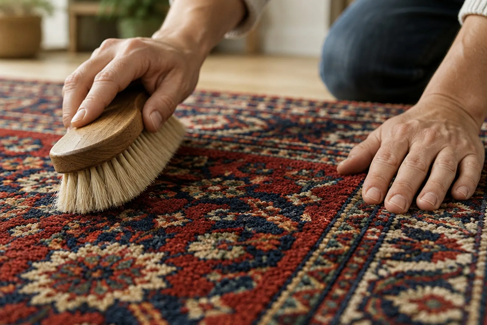 Hands grooming the pile of a hand-knotted Persian rug with a soft brush