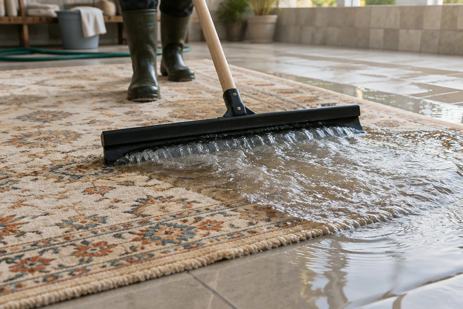 A wool rug being rinsed flat on a wash floor, water sheeting off the pile