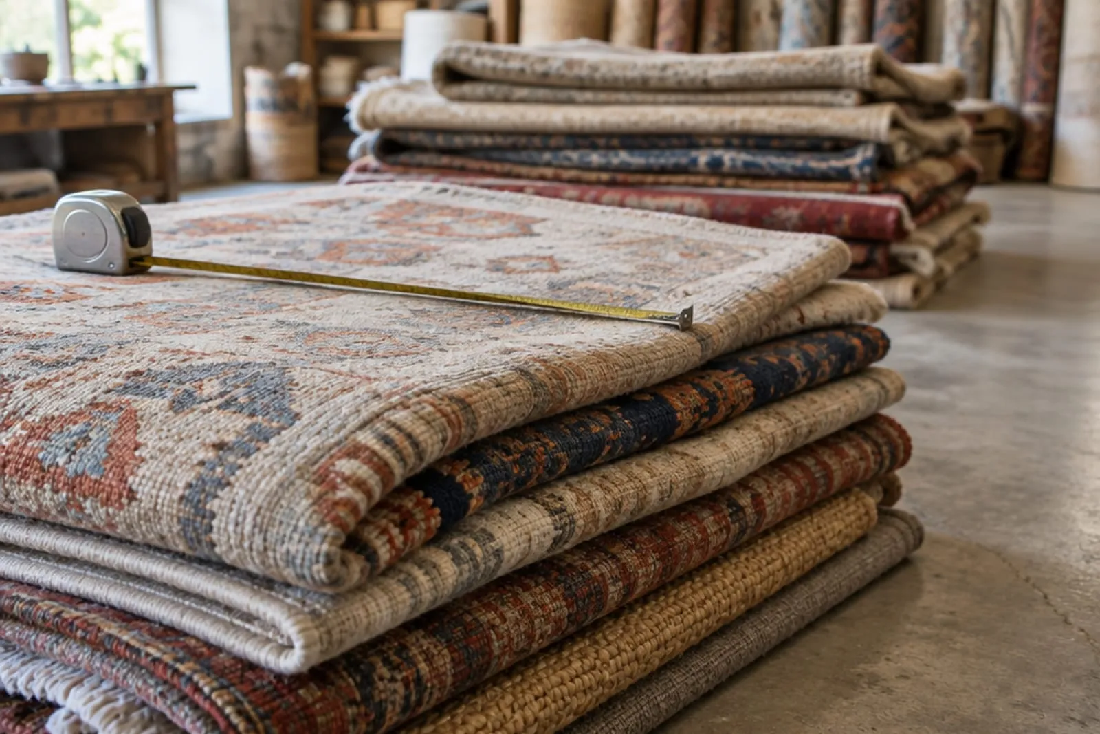 A stack of folded rugs in several sizes with a tape measure across the top one