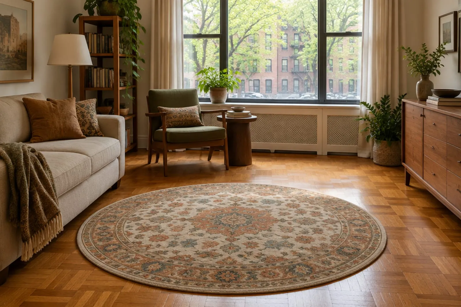Wool medallion rug on the parquet floor of a Bronx apartment with a window onto leafy streets