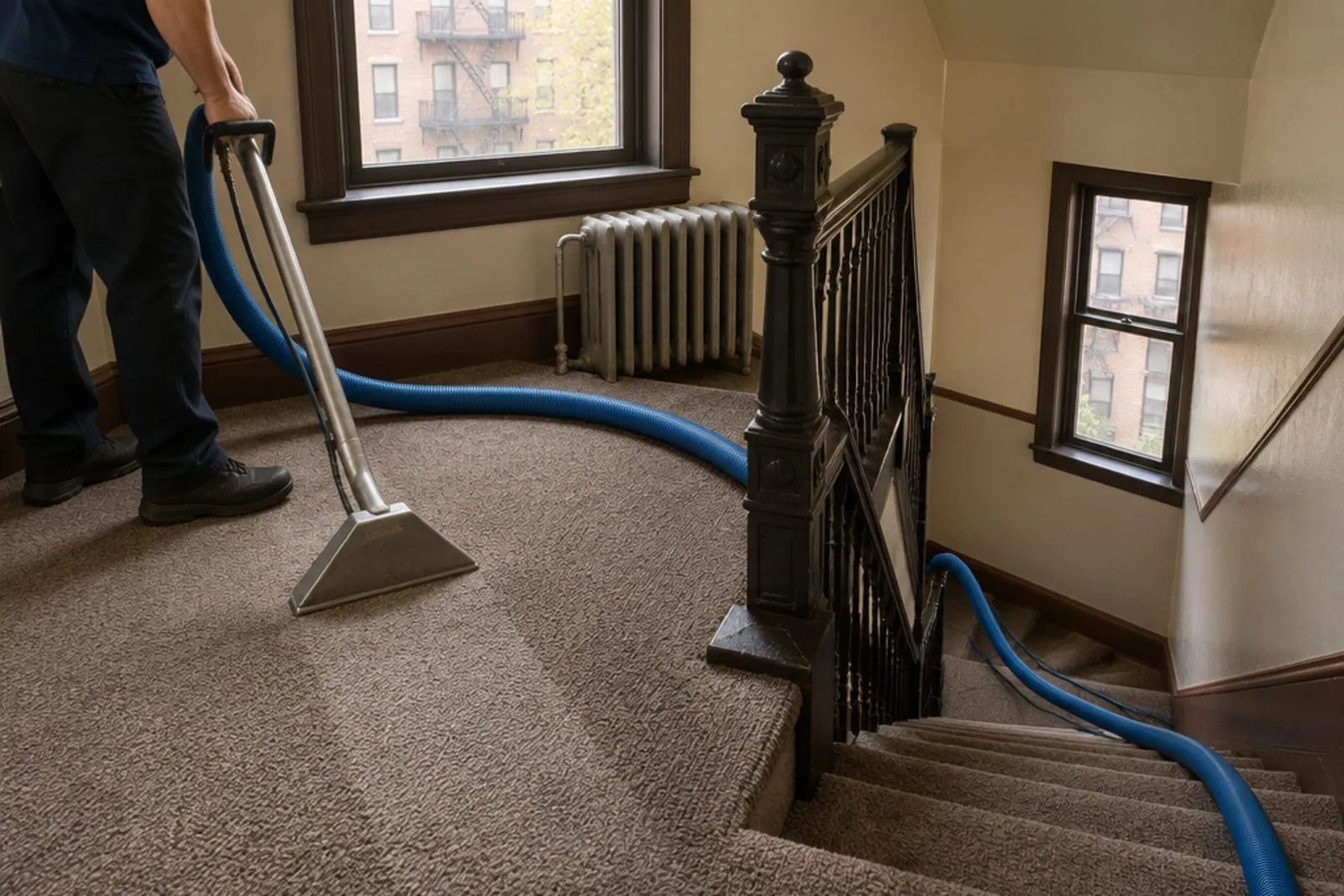 Stair carpet being cleaned on the landing of a prewar Bronx apartment building