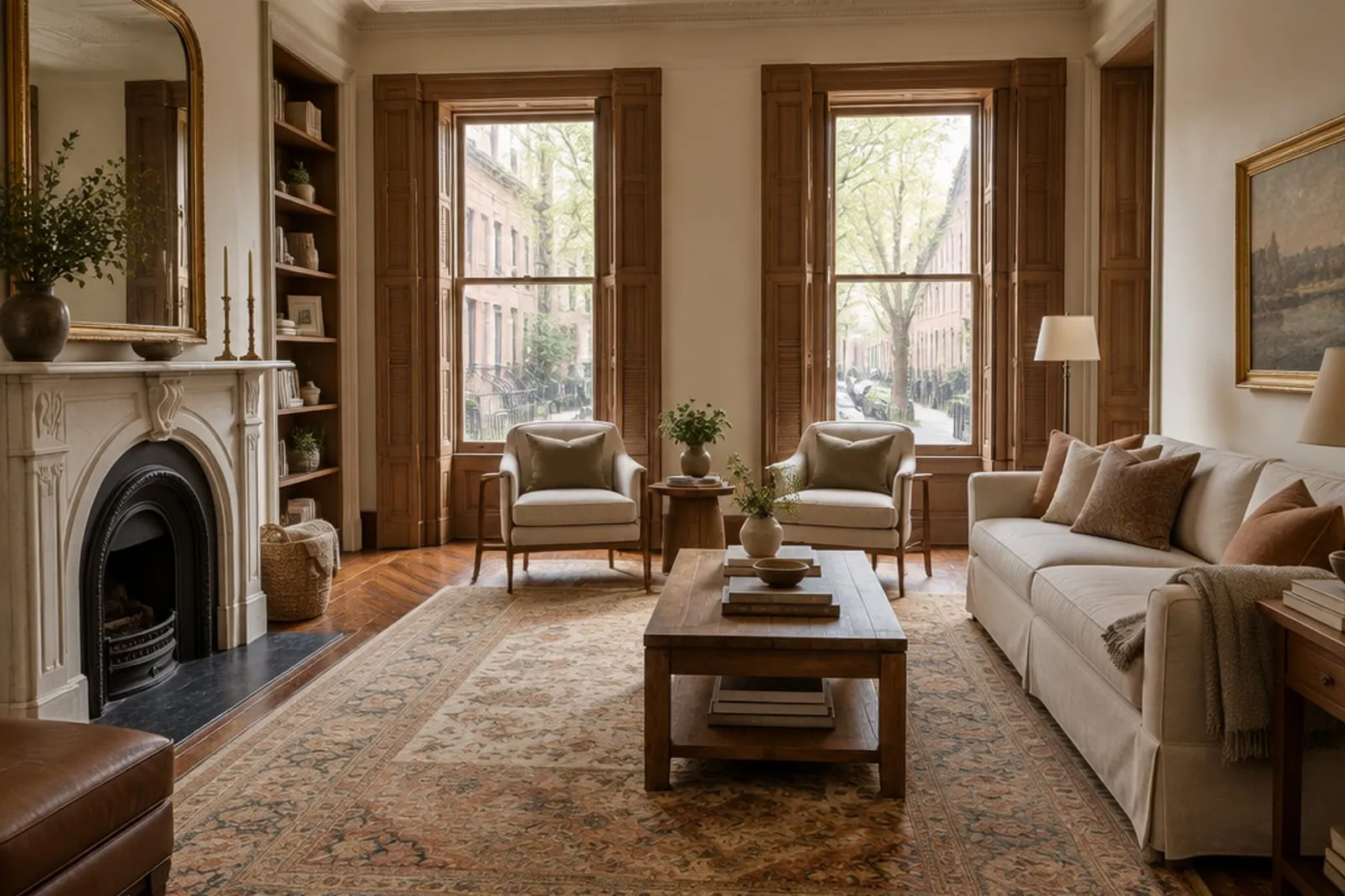 Area rug in a historic townhouse with interior shutters, the kind of home found in Brooklyn Heights, Brooklyn
