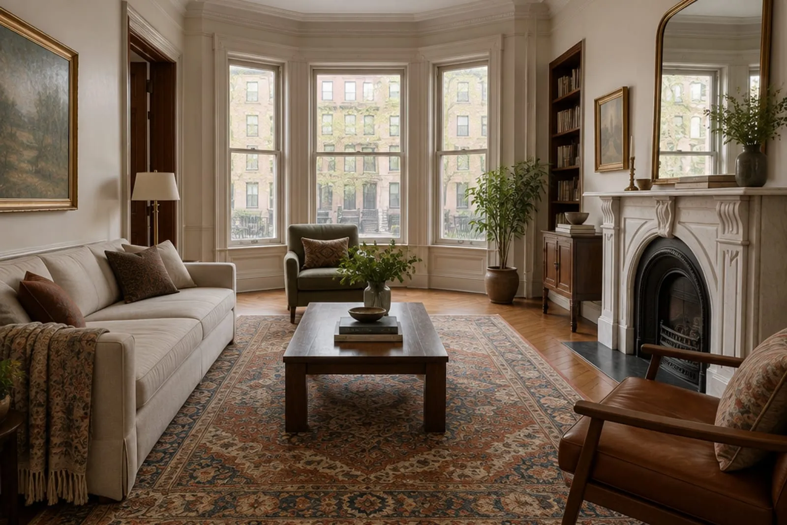 Patterned wool rug on the parlor floor of a Brooklyn brownstone with bay windows and a marble mantel