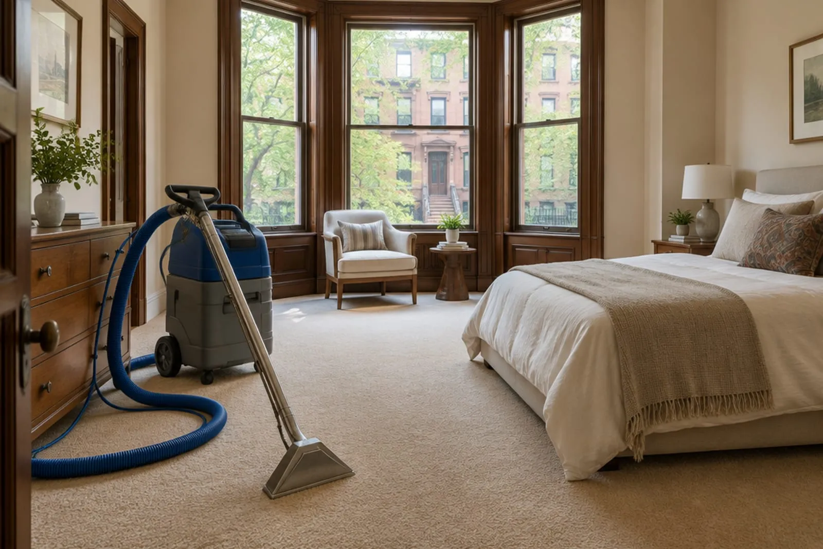 Carpet cleaning equipment on wall-to-wall carpet in a Brooklyn brownstone bedroom with a bay window