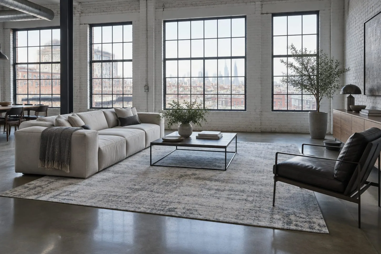 Area rug in a converted loft with painted brick and steel windows, the kind of home found in Bushwick, Brooklyn