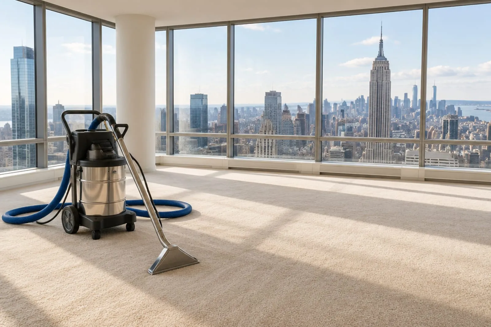 Carpet cleaning equipment in a bright New York apartment with a view of the Manhattan skyline