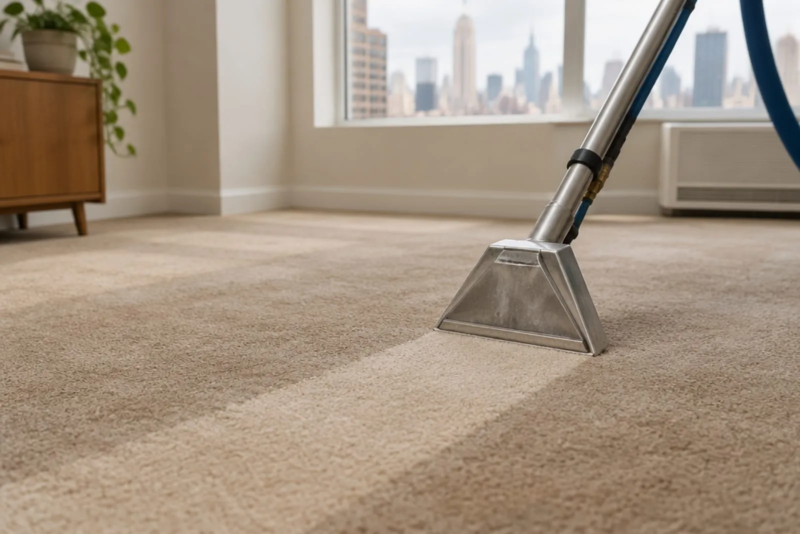 Extraction wand cleaning beige wall-to-wall carpet