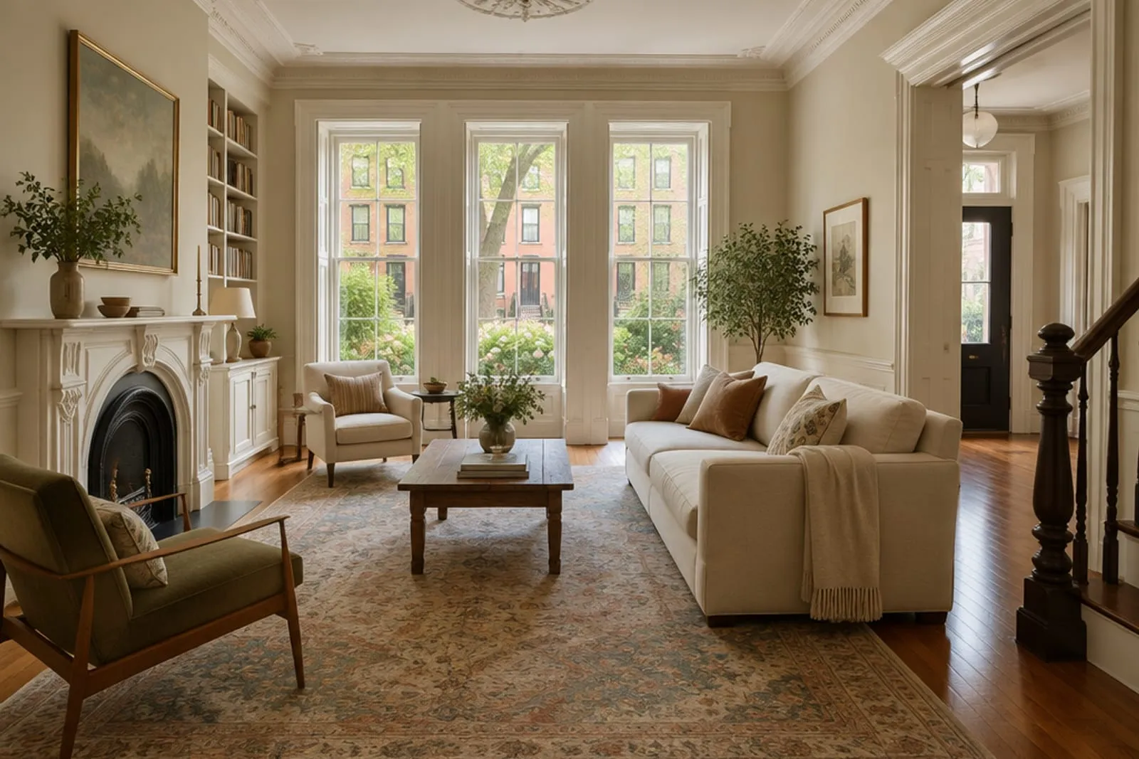 Area rug in a rowhouse parlor above a deep front garden, the kind of home found in Carroll Gardens, Brooklyn