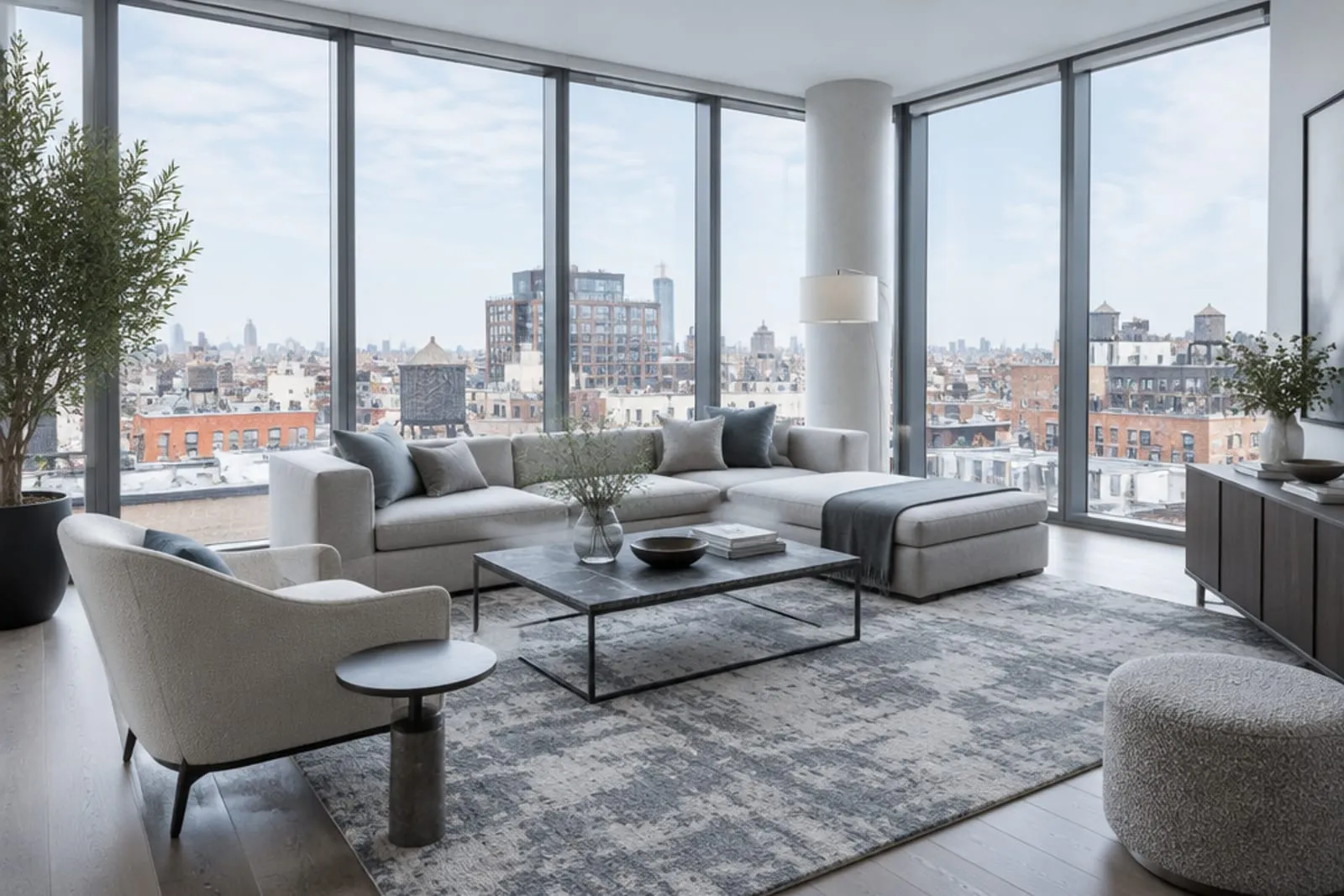 Area rug in a high-rise apartment with floor-to-ceiling glass, the kind of home found in Chelsea, Manhattan