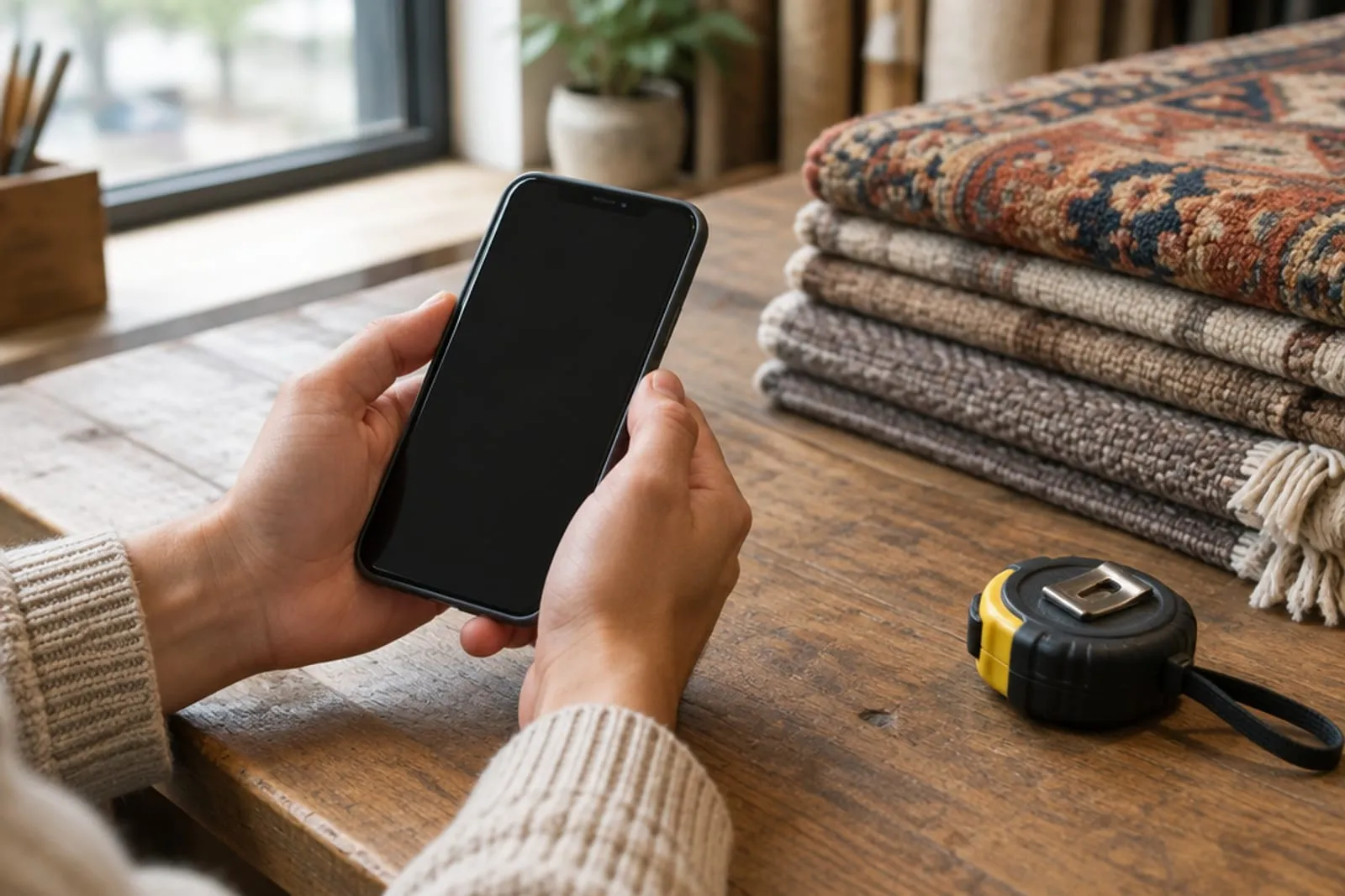 Hands holding a phone over a workshop counter beside folded rugs and a tape measure