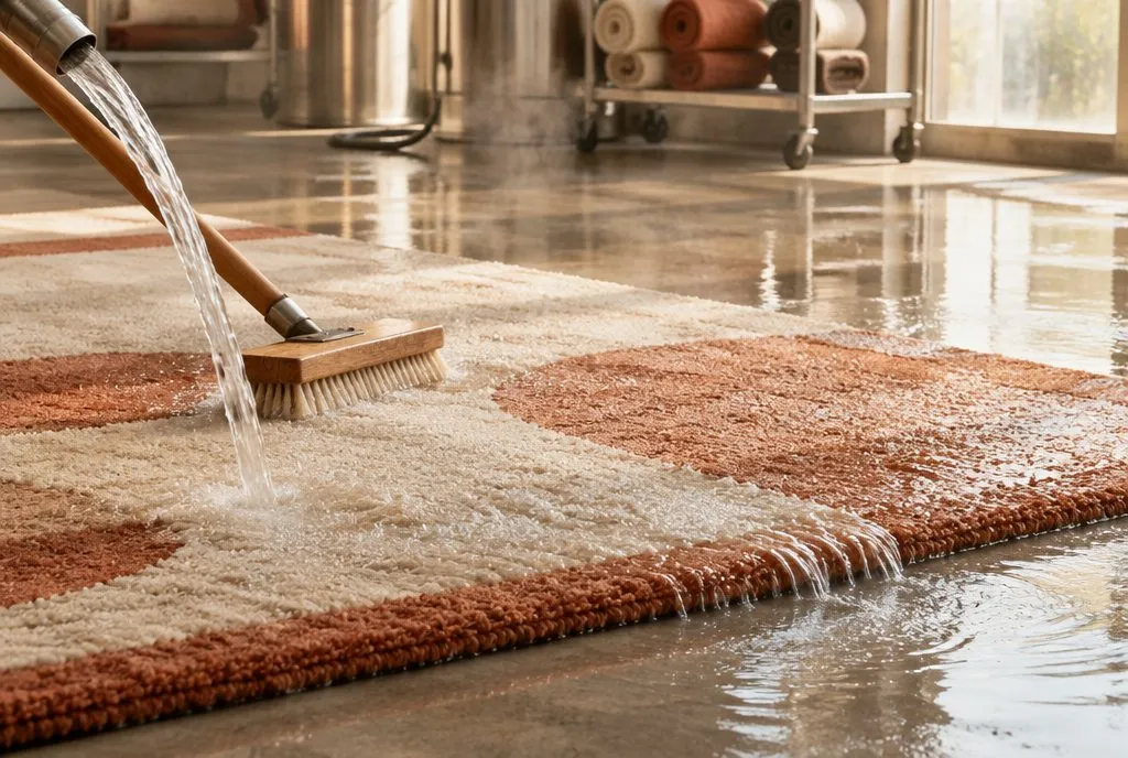 Patterned area rug being washed on a cleaning plant wash floor