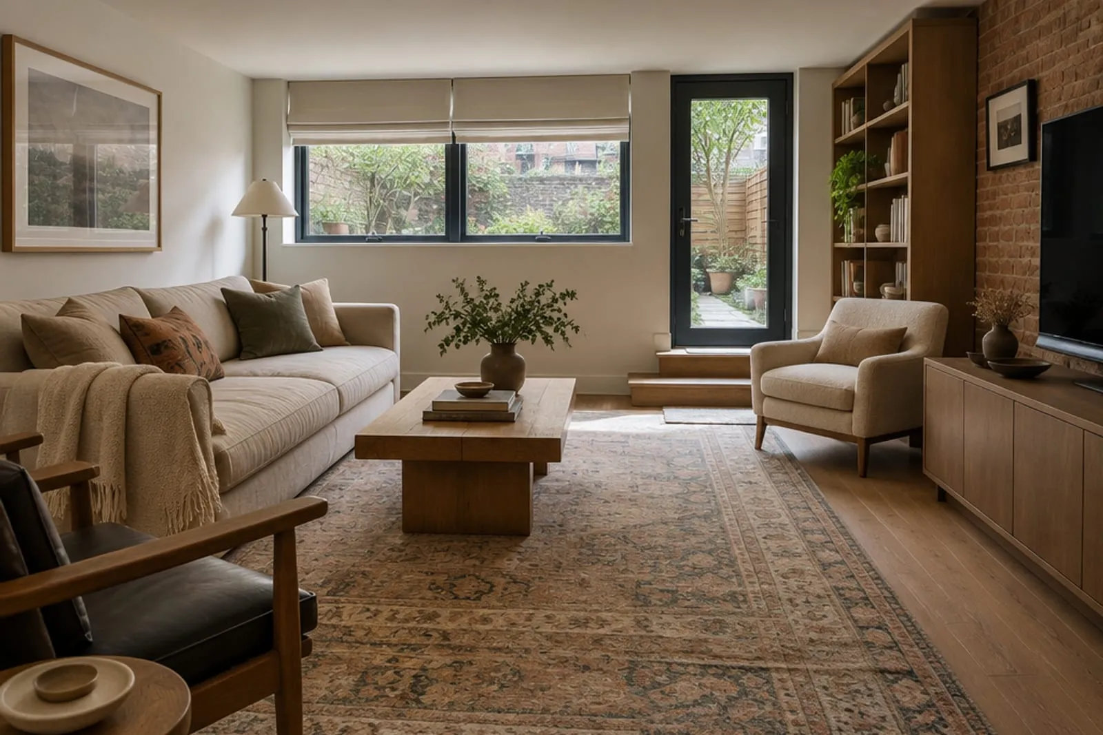 Area rug in the garden-level room of a narrow rowhouse, the kind of home found in Cobble Hill, Brooklyn