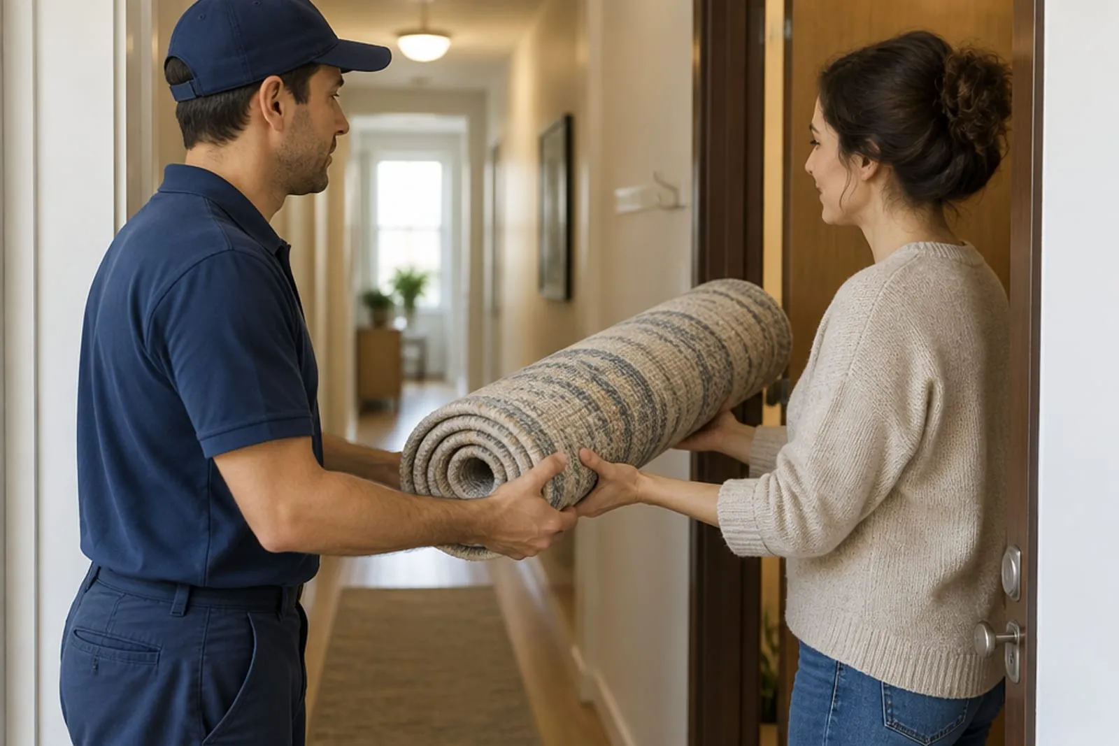 A cleaner handing a rolled rug back to a customer in an apartment doorway