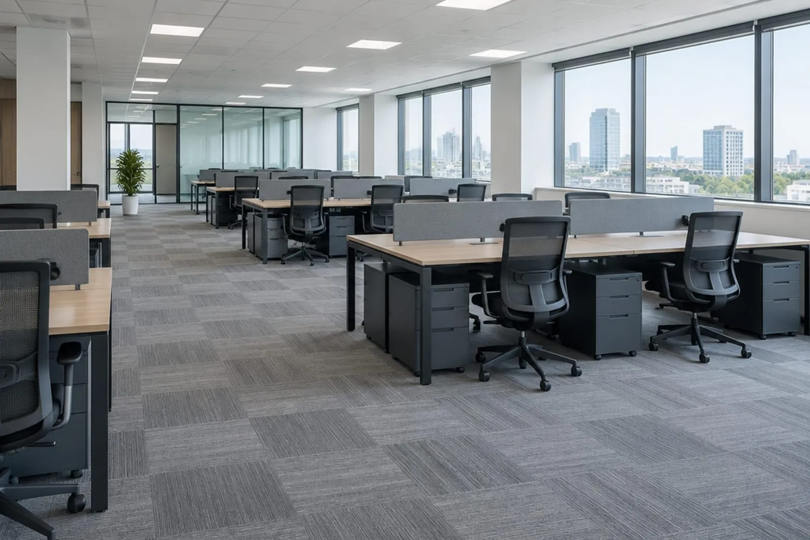 Office with grey commercial carpet tiles