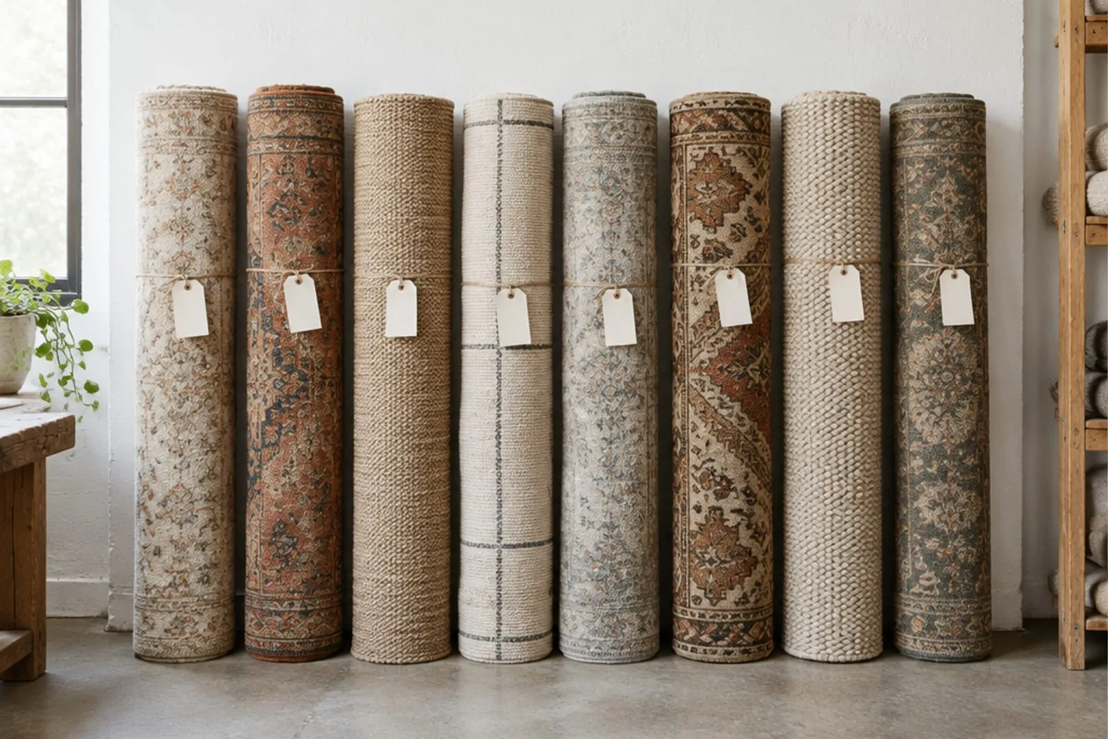 Rolled rugs standing side by side against a workshop wall, each with a paper tag tied to it