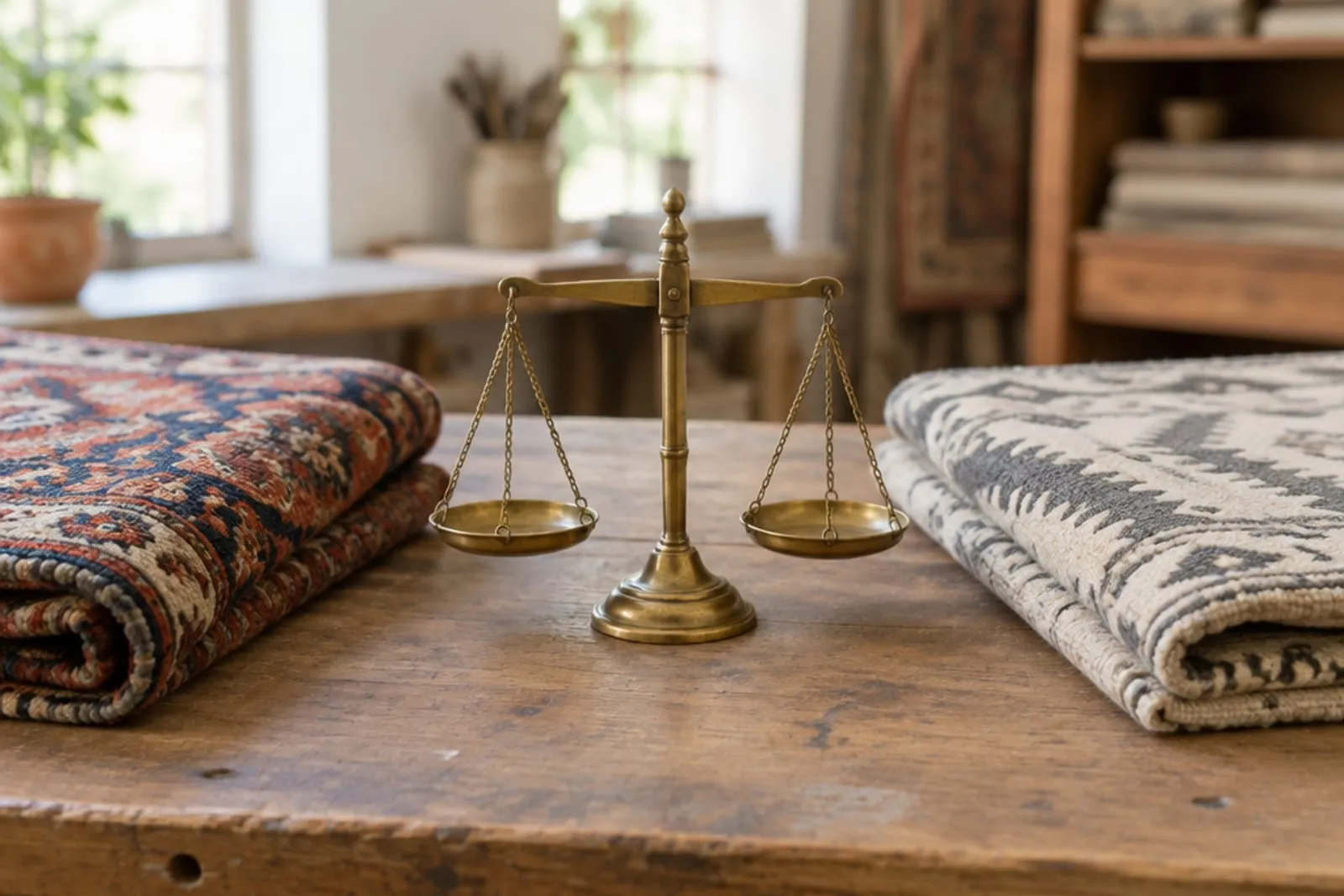 A pair of brass balance scales on a workbench between two folded rugs of different patterns