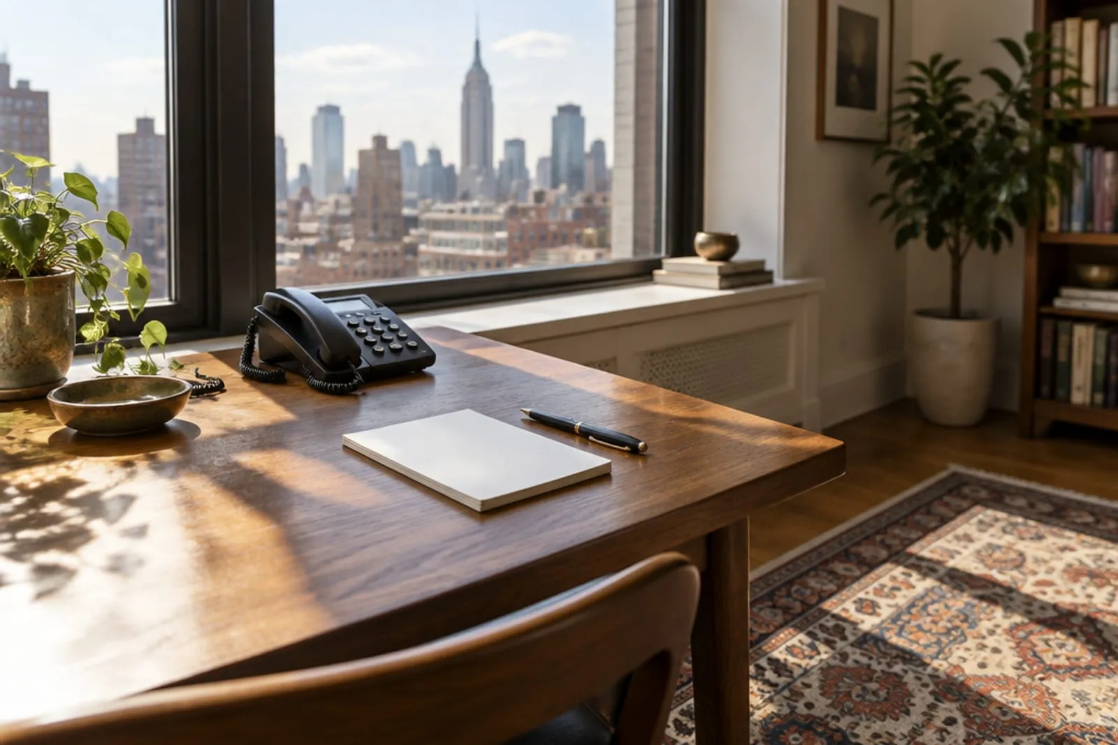 A sunlit desk by a New York apartment window with a phone and a notepad