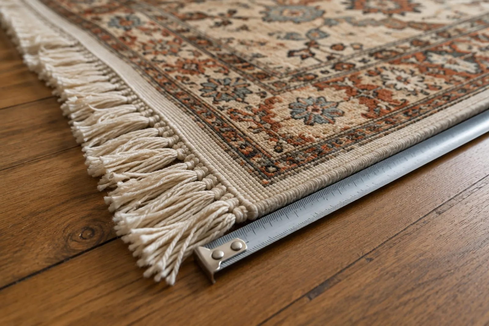 Tape measure along the edge of a hand-knotted rug