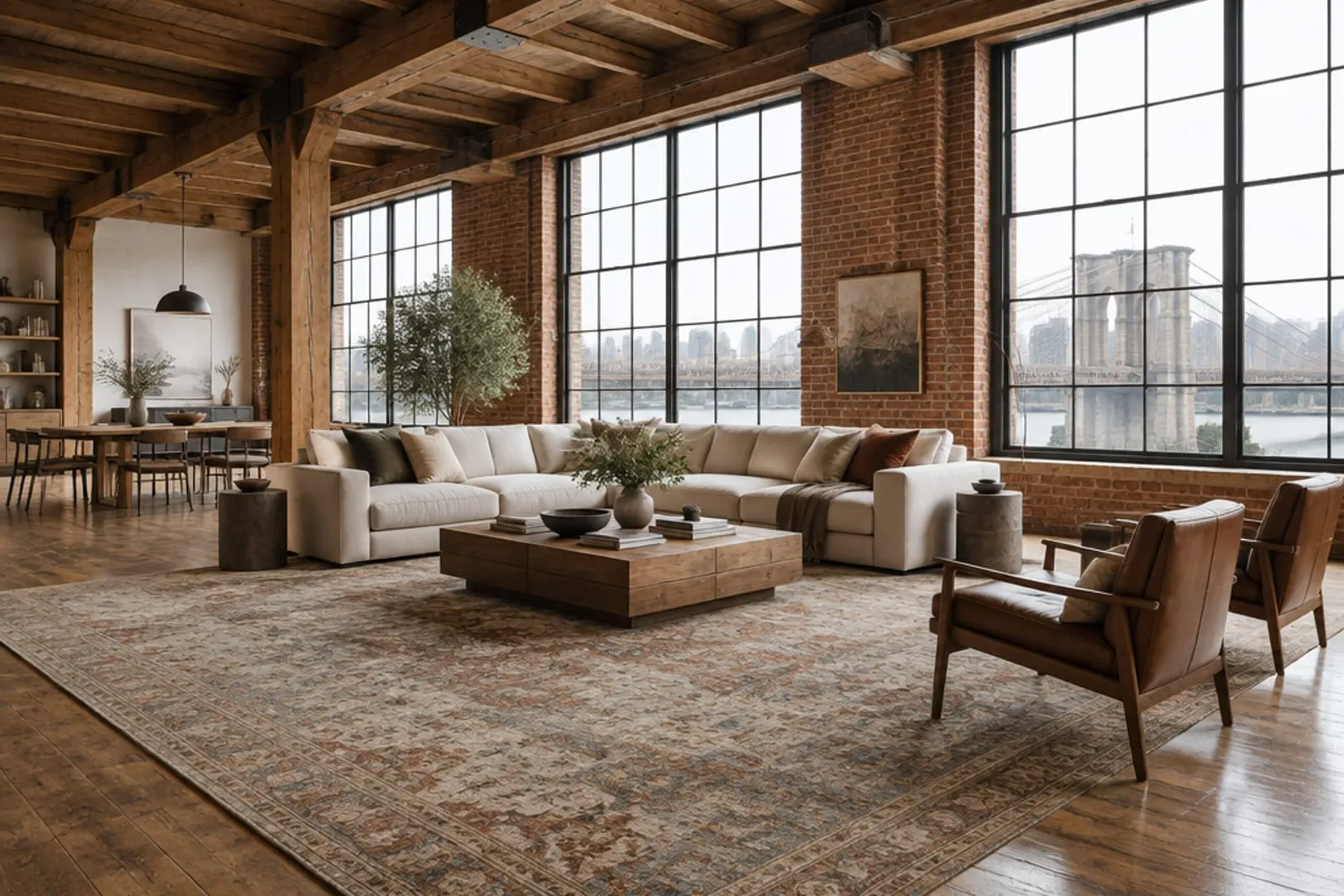Area rug in a converted warehouse loft with exposed timber beams, the kind of home found in DUMBO, Brooklyn