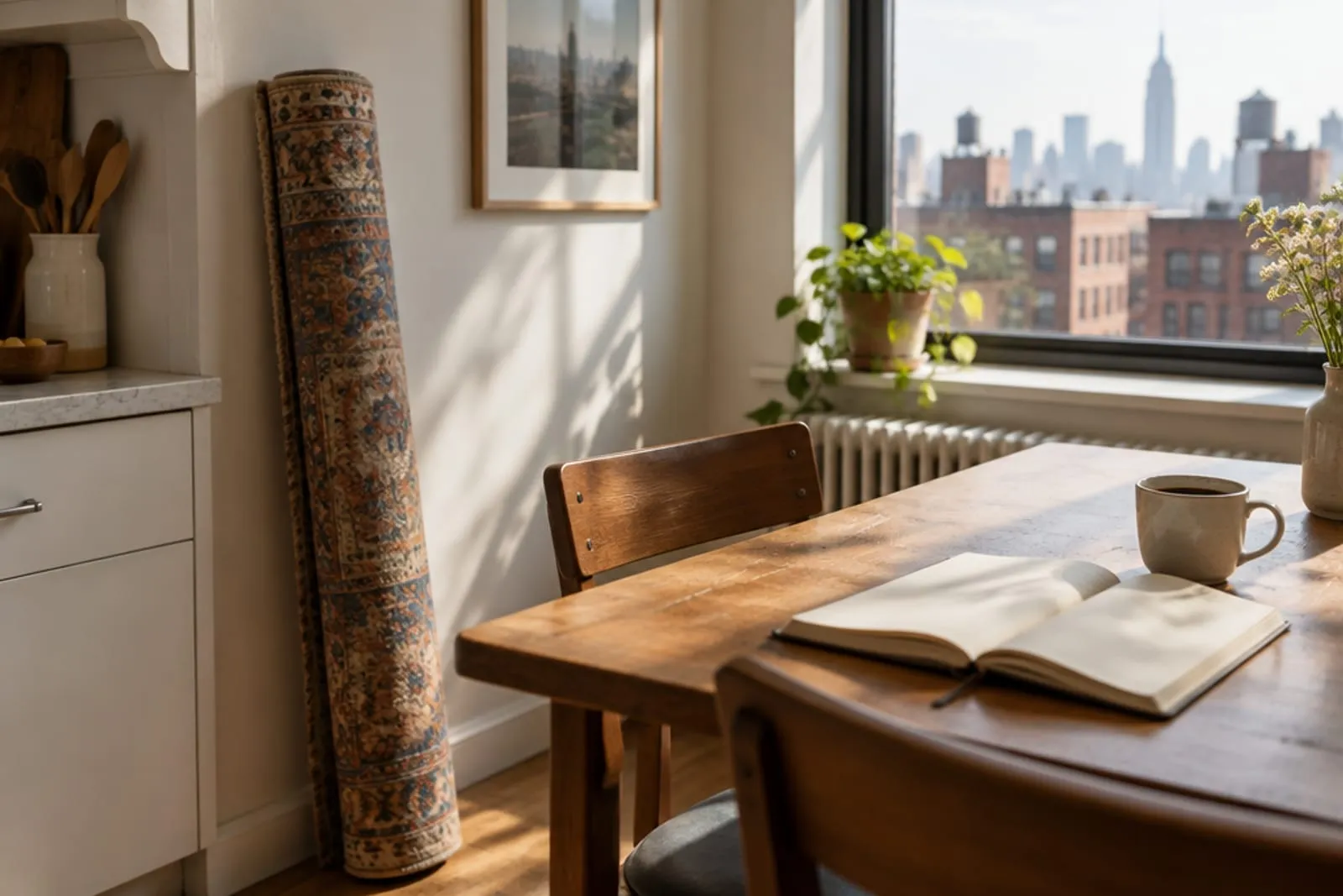 A rolled rug leaning beside a kitchen table in a New York apartment