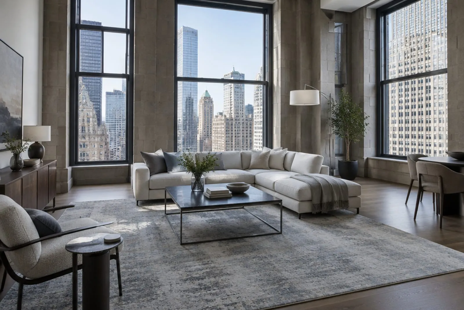 Area rug in a converted office building with very tall windows, the kind of home found in Financial District, Manhattan