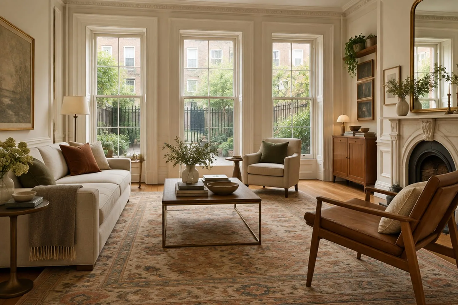 Area rug in a prewar apartment overlooking a private garden square, the kind of home found in Flatiron–Gramercy, Manhattan