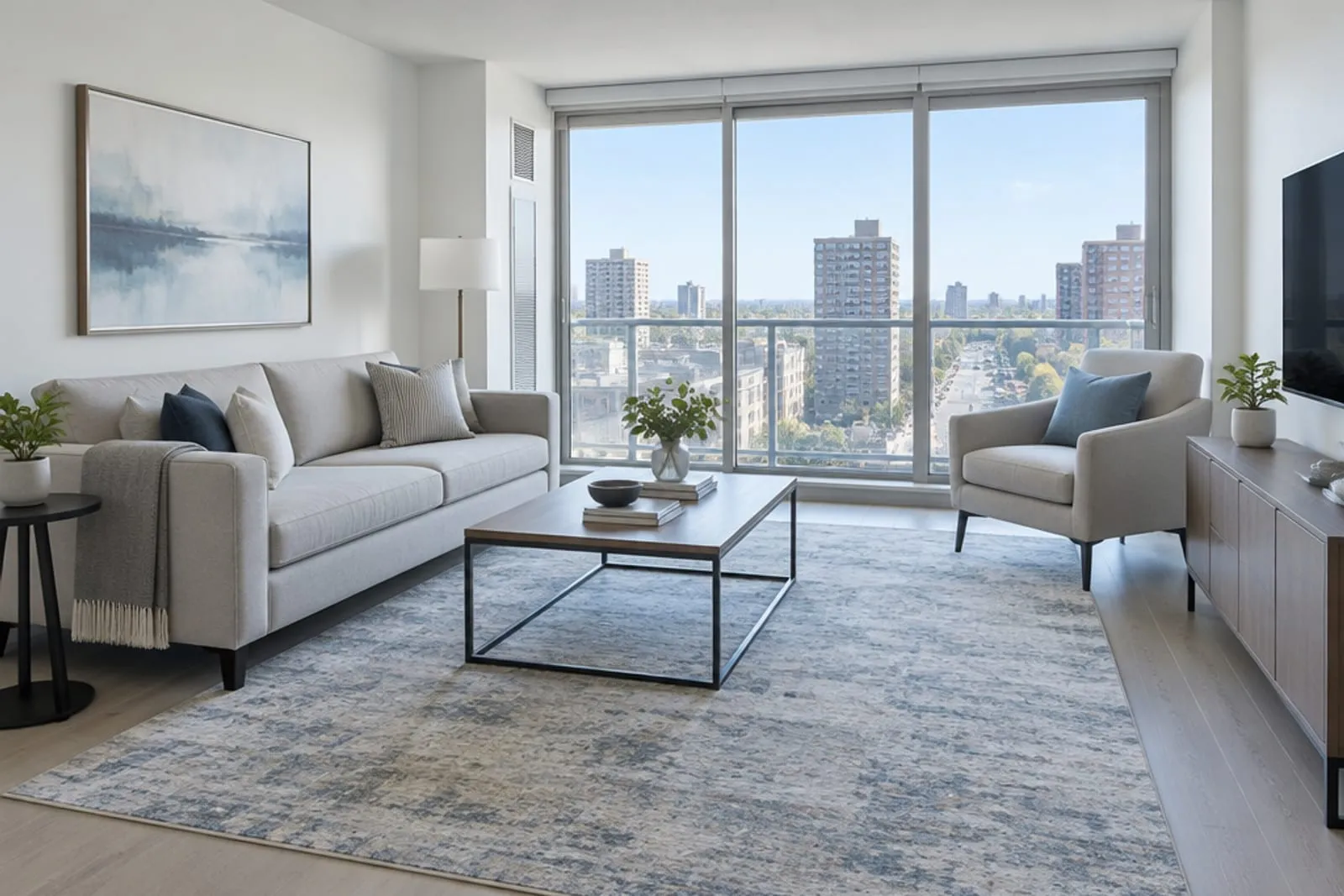 Area rug in a bright modern apartment, the kind of home found in Flushing, Queens