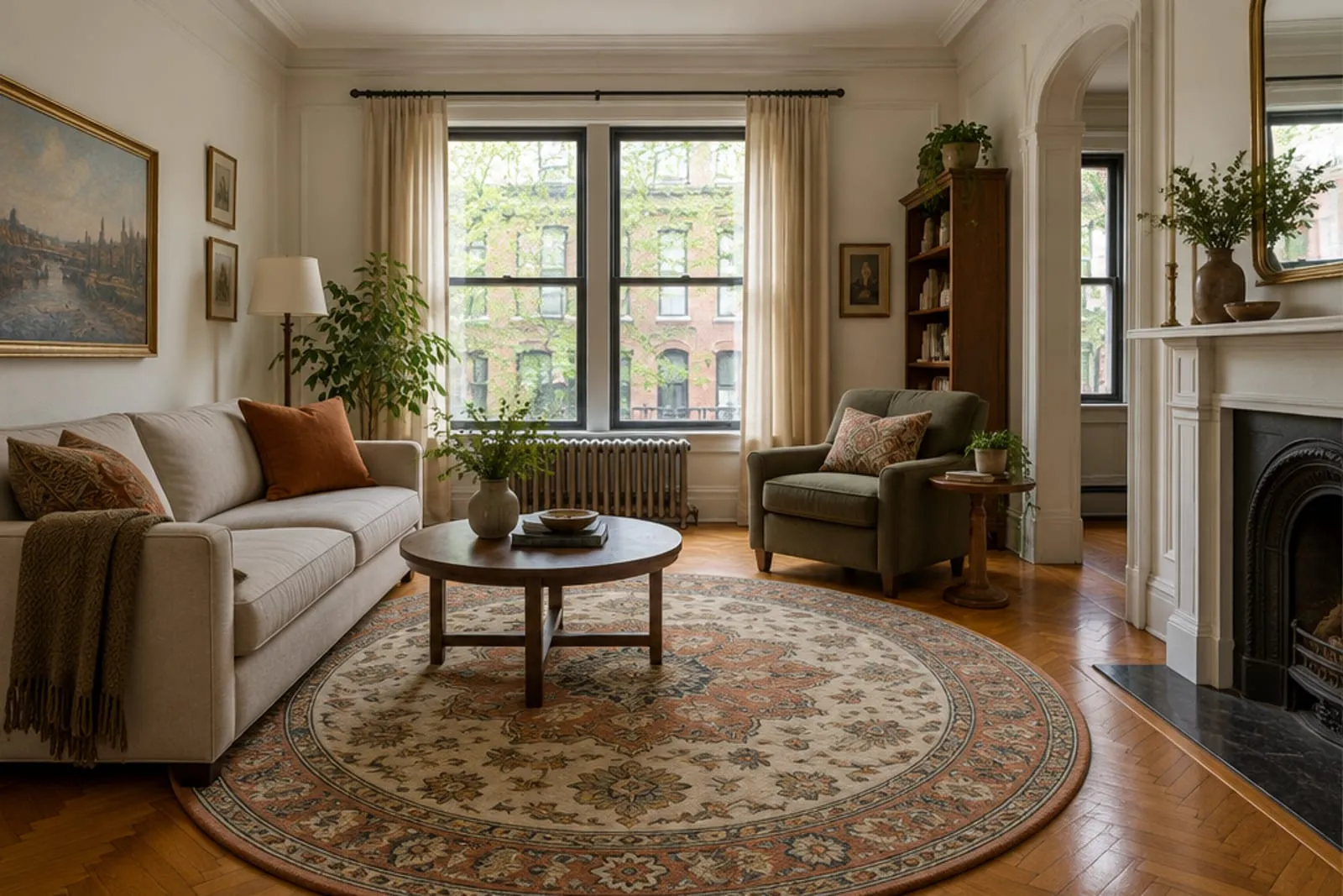 Area rug in a prewar apartment with parquet floors, the kind of home found in Fordham, The Bronx