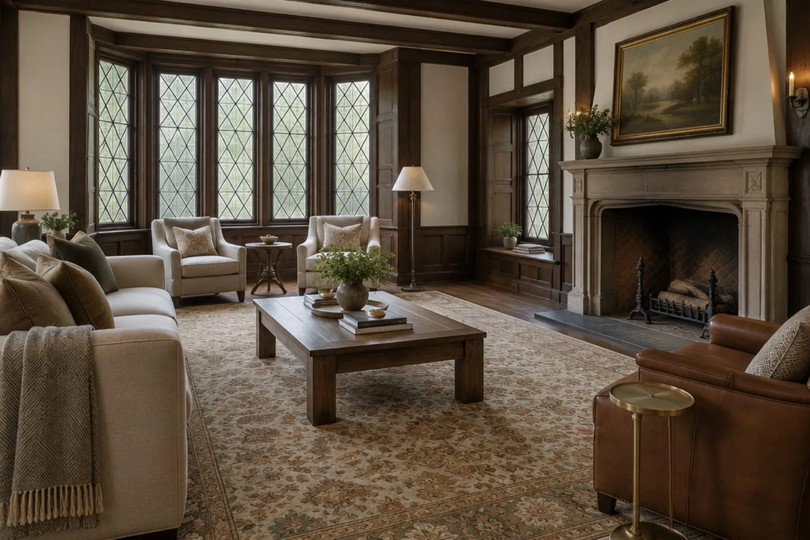 Area rug in a Tudor-style house with leaded windows, the kind of home found in Forest Hills, Queens