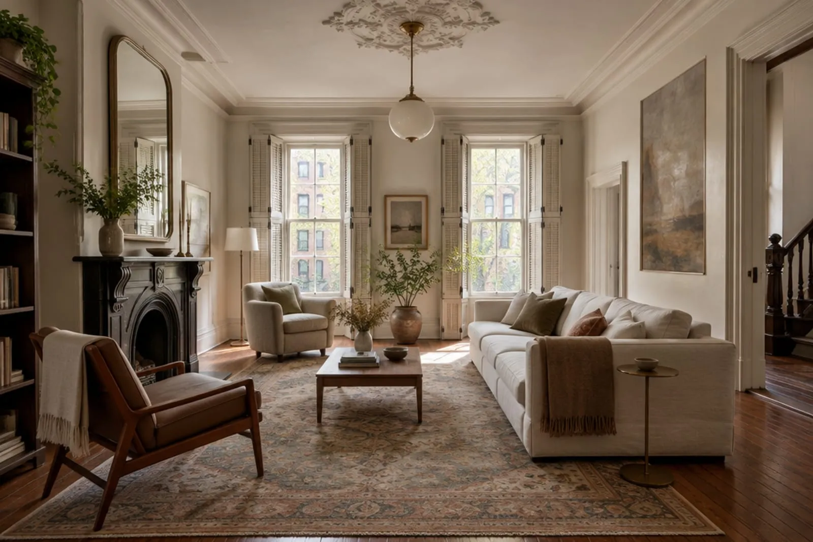 Area rug in a brownstone parlor with a plaster ceiling medallion, the kind of home found in Fort Greene, Brooklyn