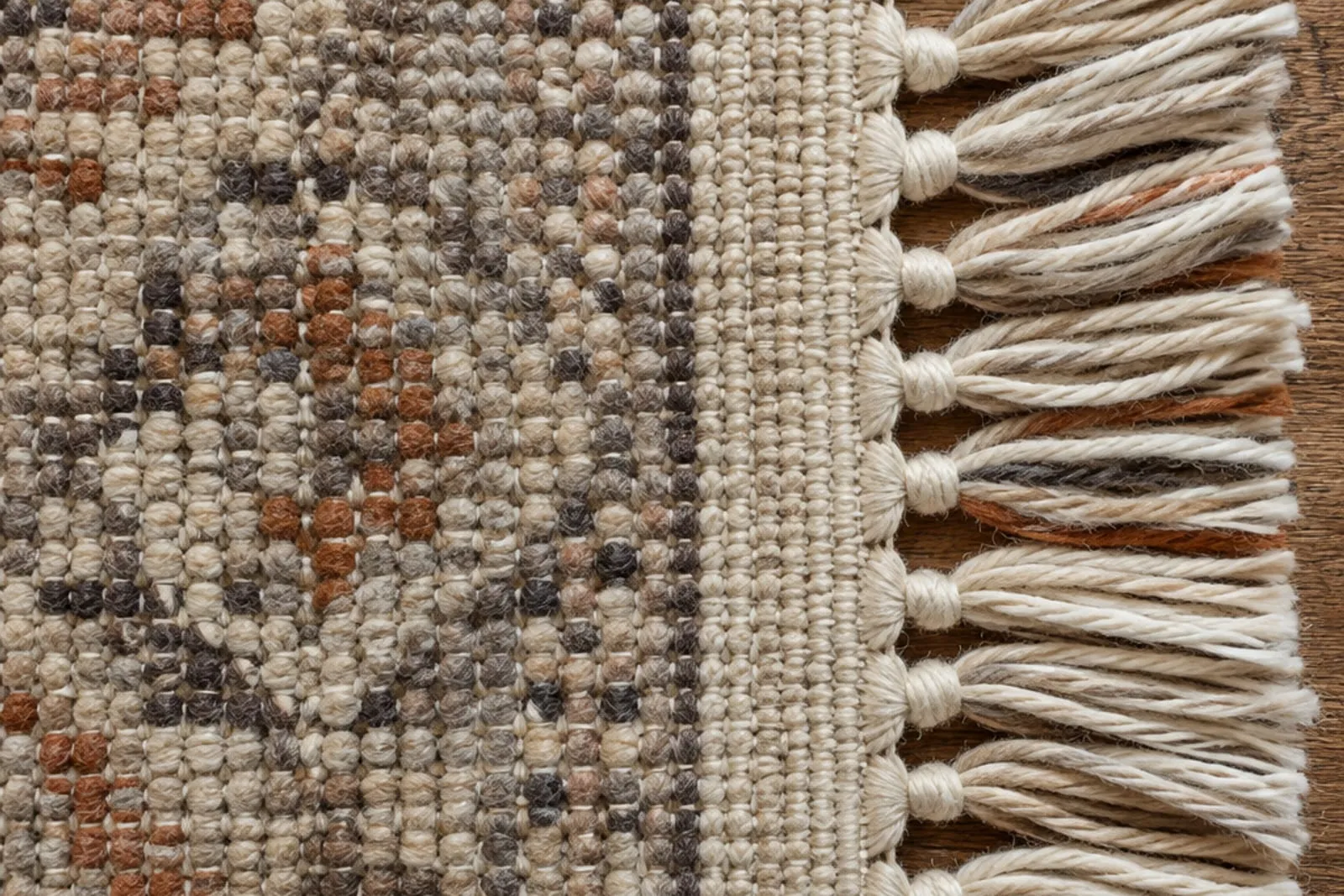 Close-up of a rug’s knotted back, woven selvedge and hand-tied fringe