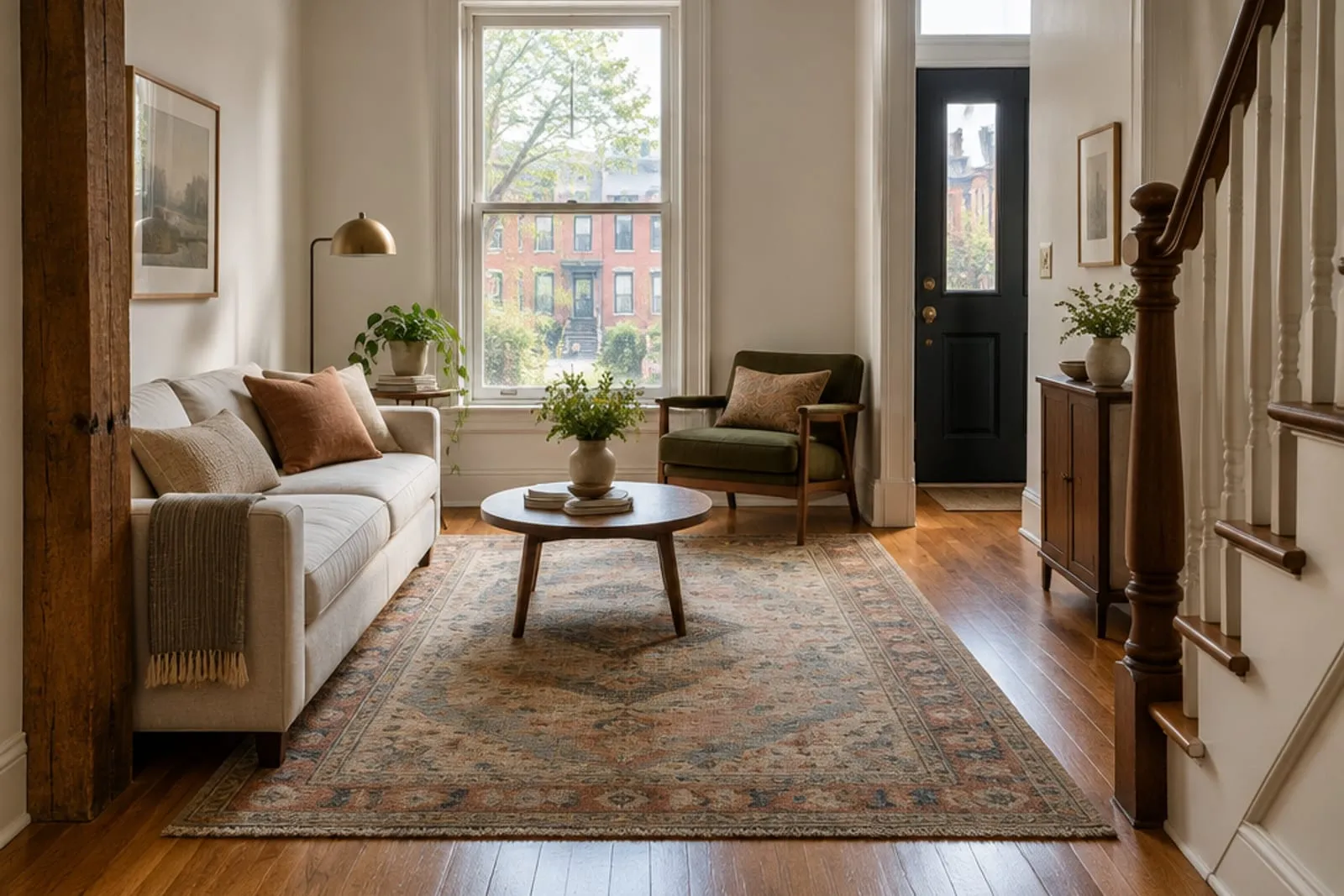 Area rug in the front room of a timber-frame rowhouse, the kind of home found in Greenpoint, Brooklyn