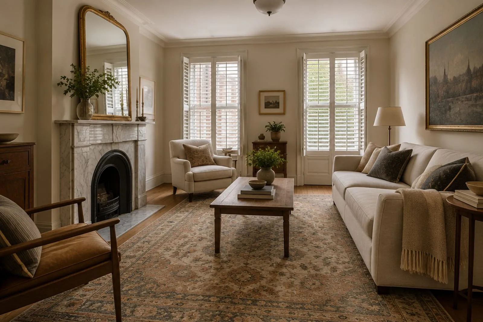 Area rug in a townhouse parlor with a small marble fireplace, the kind of home found in Greenwich Village, Manhattan
