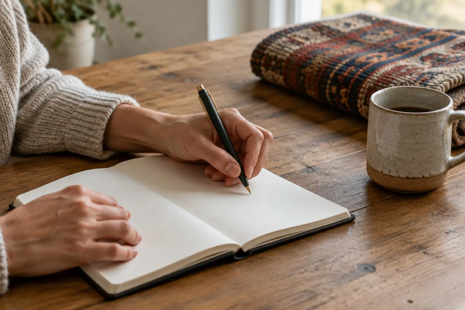 Hands writing in a notebook at a wooden table beside a folded rug