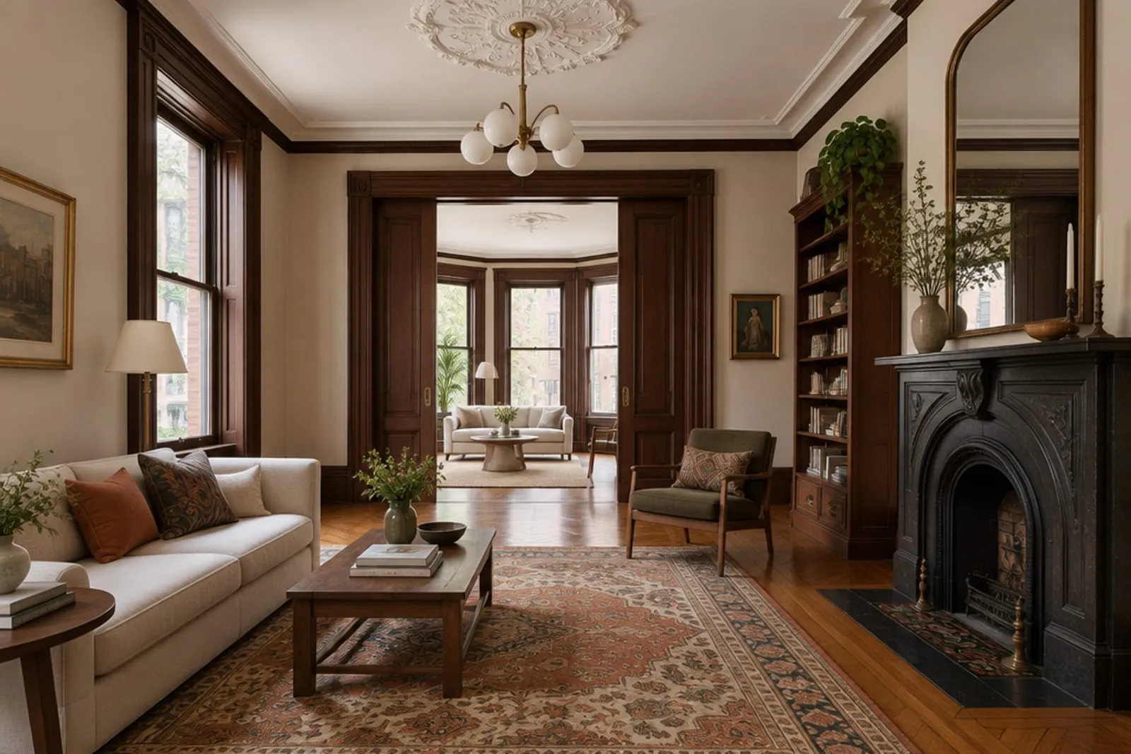 Area rug on the parlor floor of a brownstone with original woodwork, the kind of home found in Harlem, Manhattan