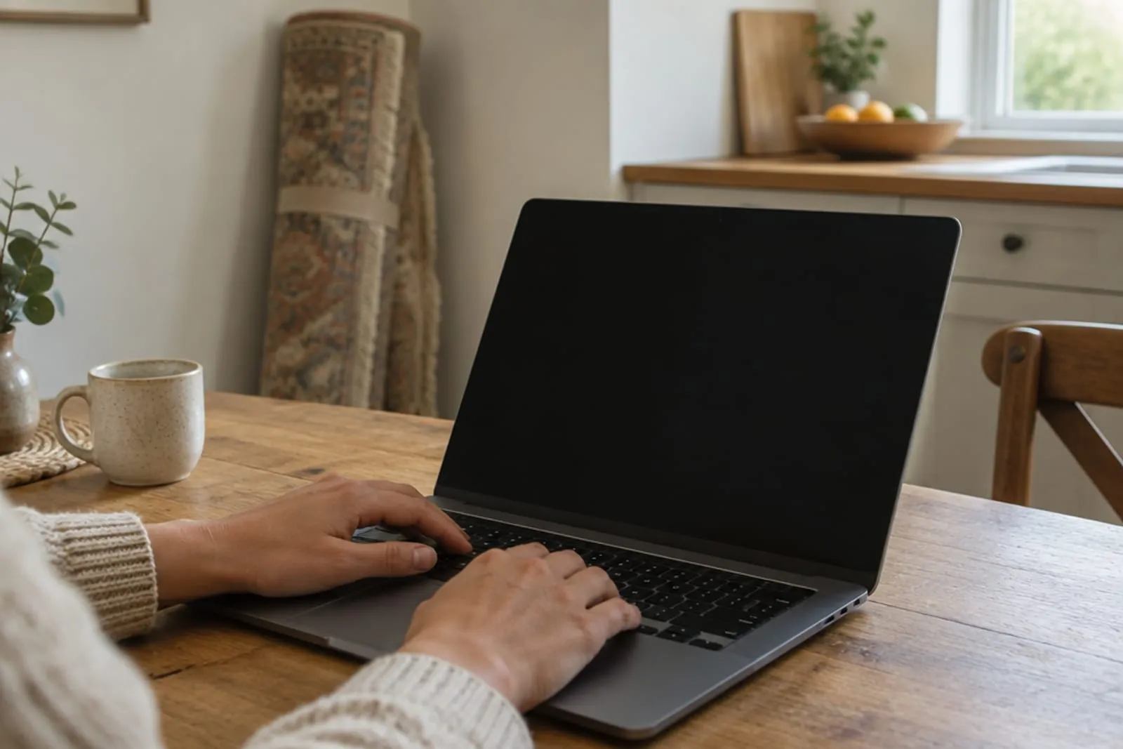 Hands on a laptop keyboard at a kitchen table, a rolled rug against the wall behind