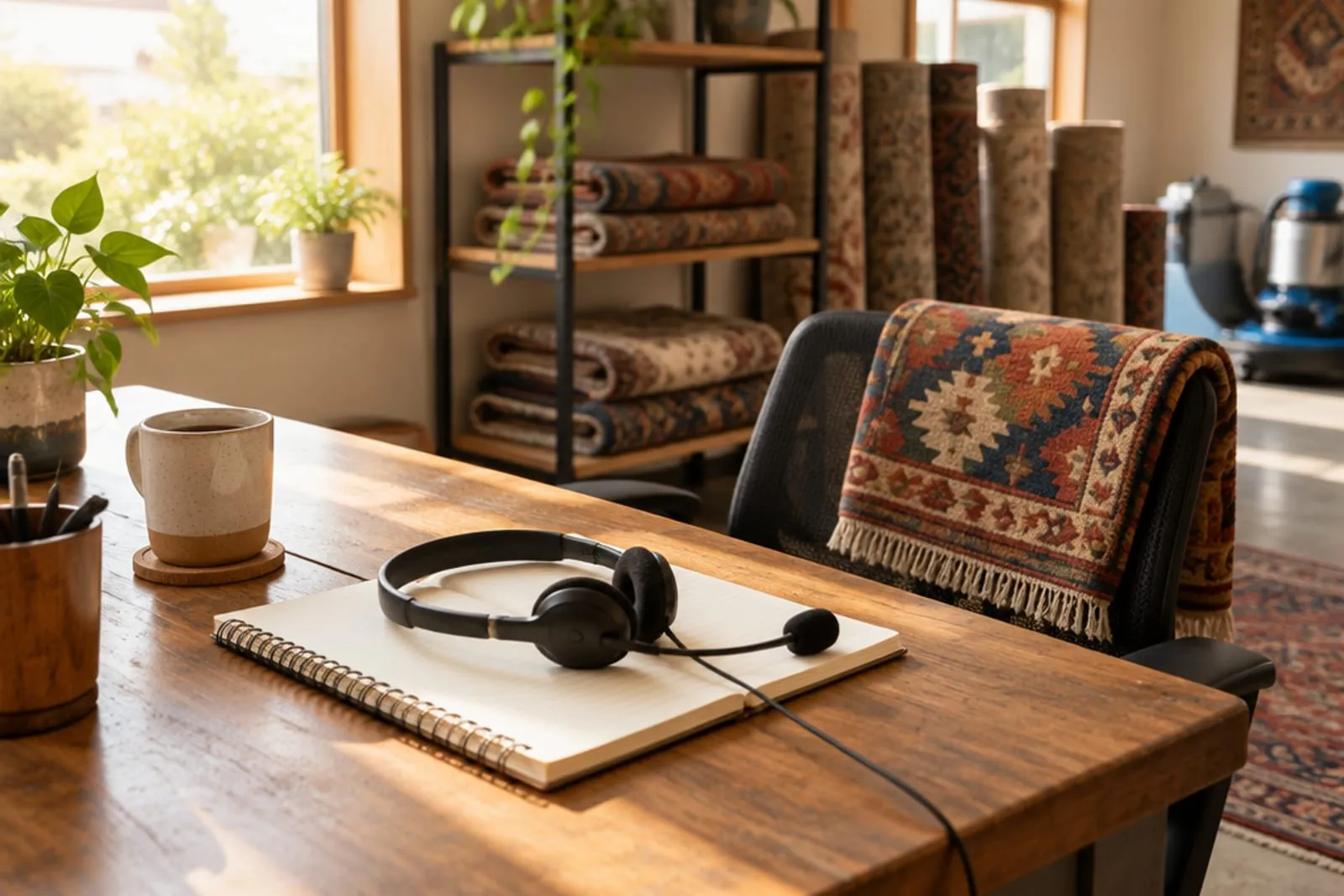A telephone headset resting on an open notebook at a small rug cleaning office desk