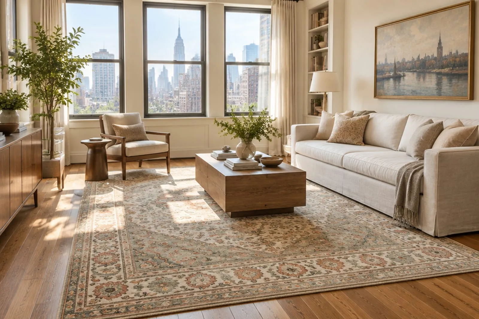 A spotless hand-knotted rug laid out in a sunlit New York living room