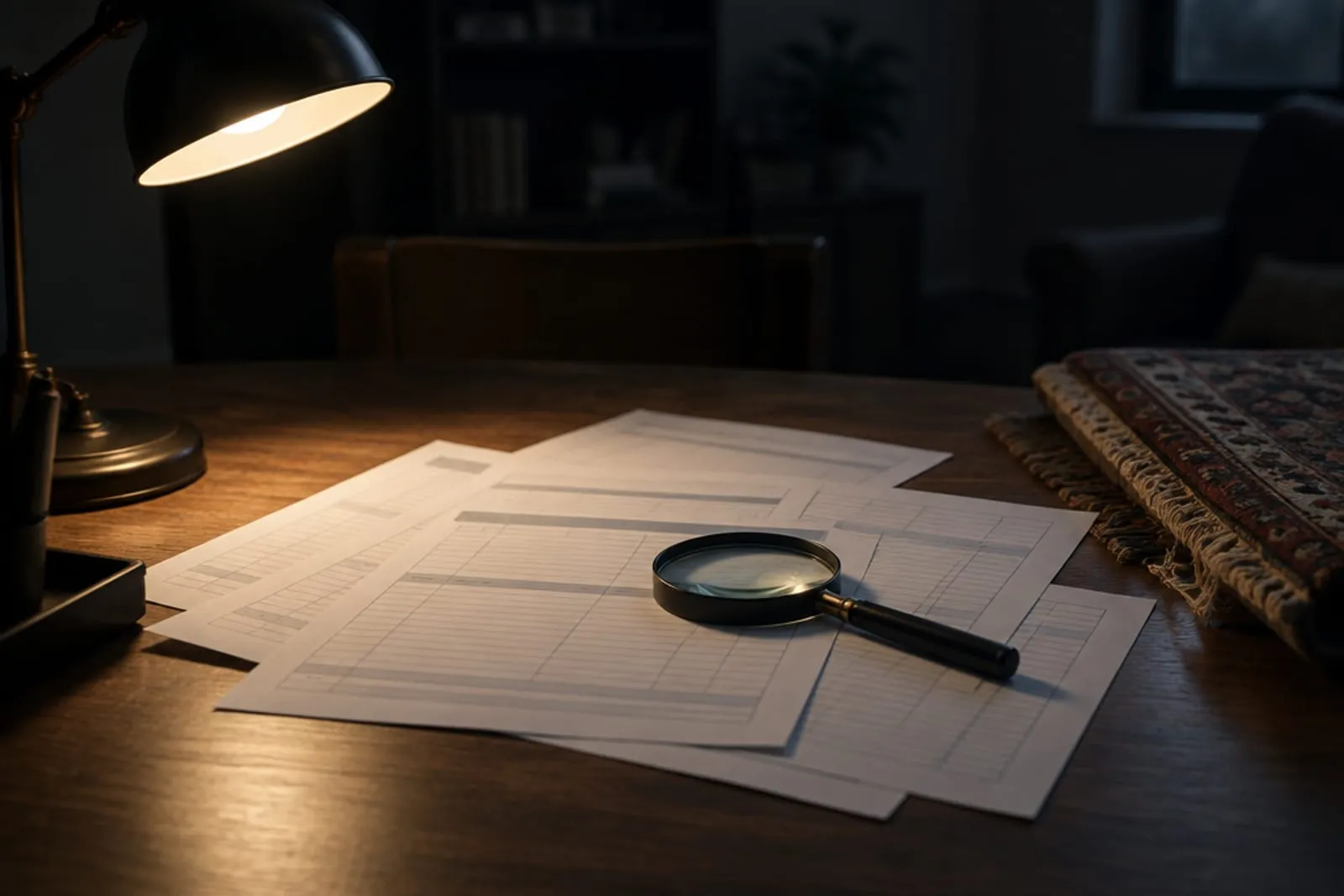 Invoices spread under a desk lamp with a magnifying glass on top
