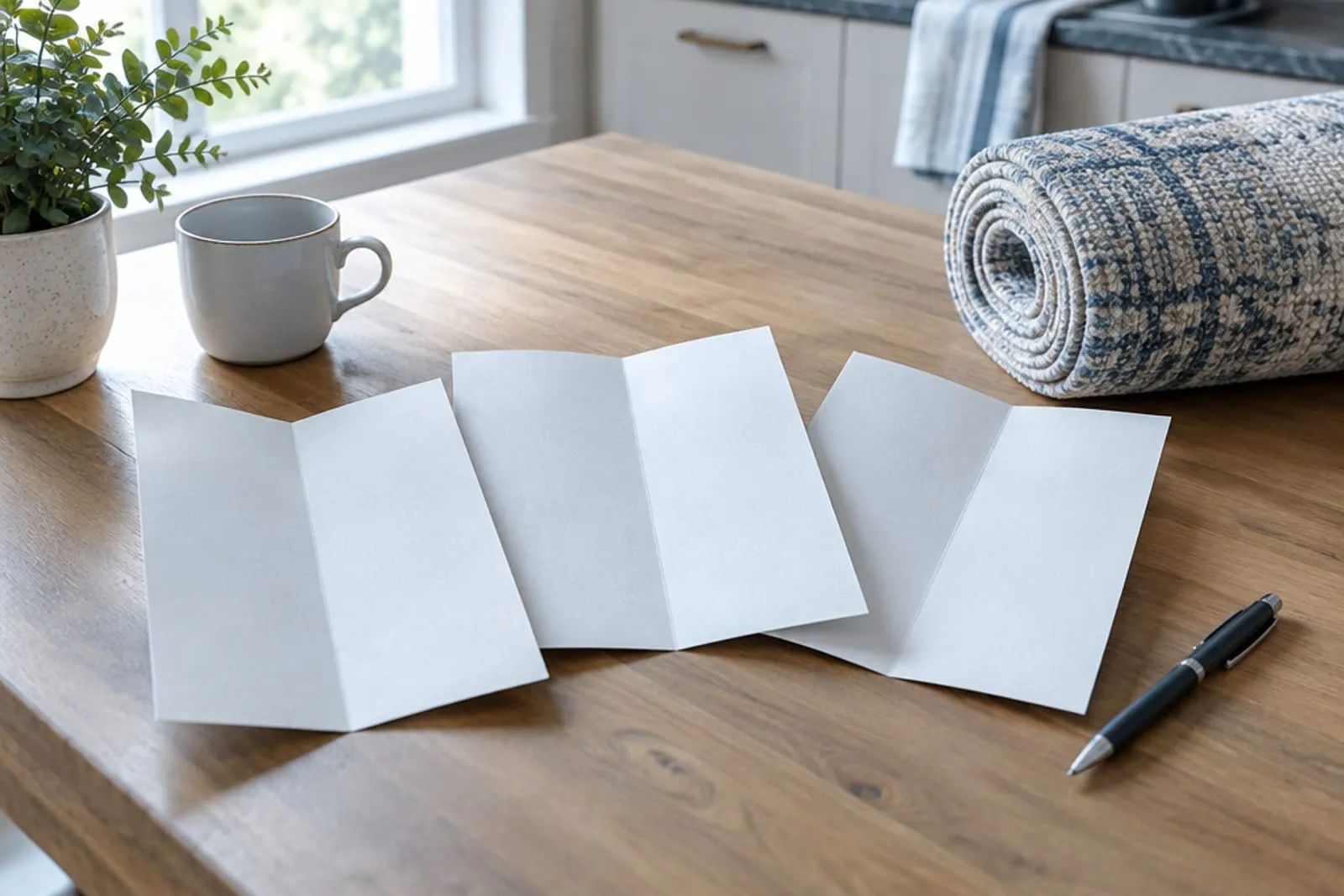 Three written quote sheets fanned out side by side on a kitchen table beside a rolled rug