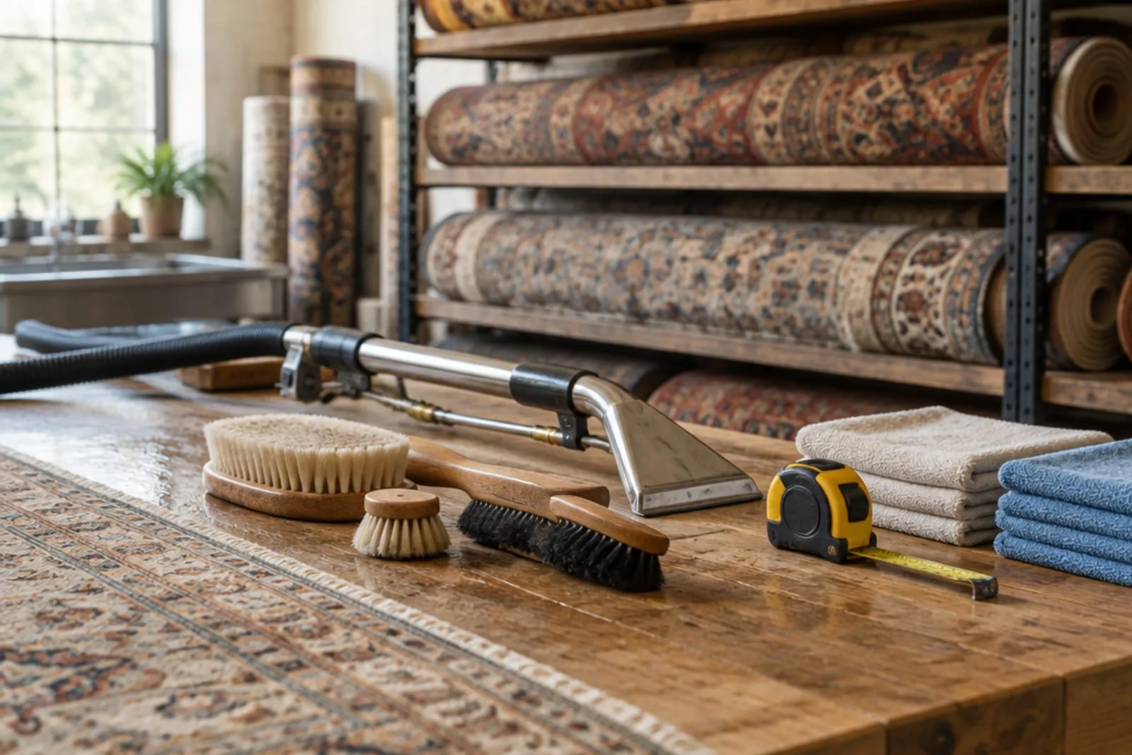 A rug cleaning workshop bench laid out with brushes, a cleaning wand and folded cloths, rolled rugs on racks behind